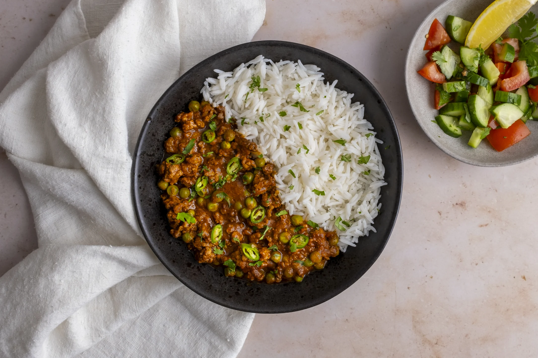 Classic Lamb Keema Matar with Basmati Rice and Kachumber Salad