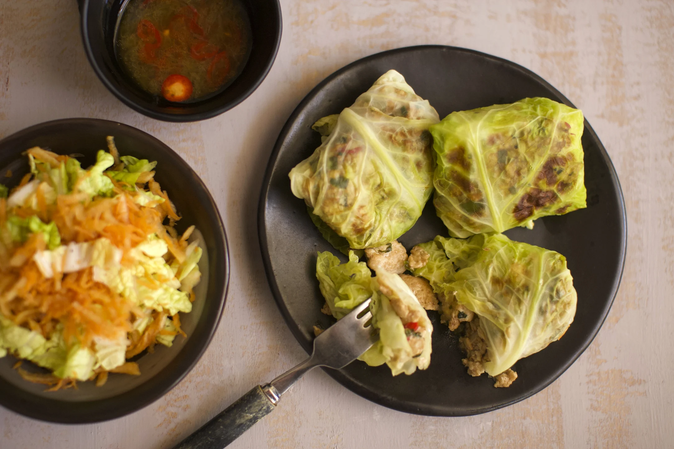 Baked Asian Style Cabbage Wraps with Sweet Slaw