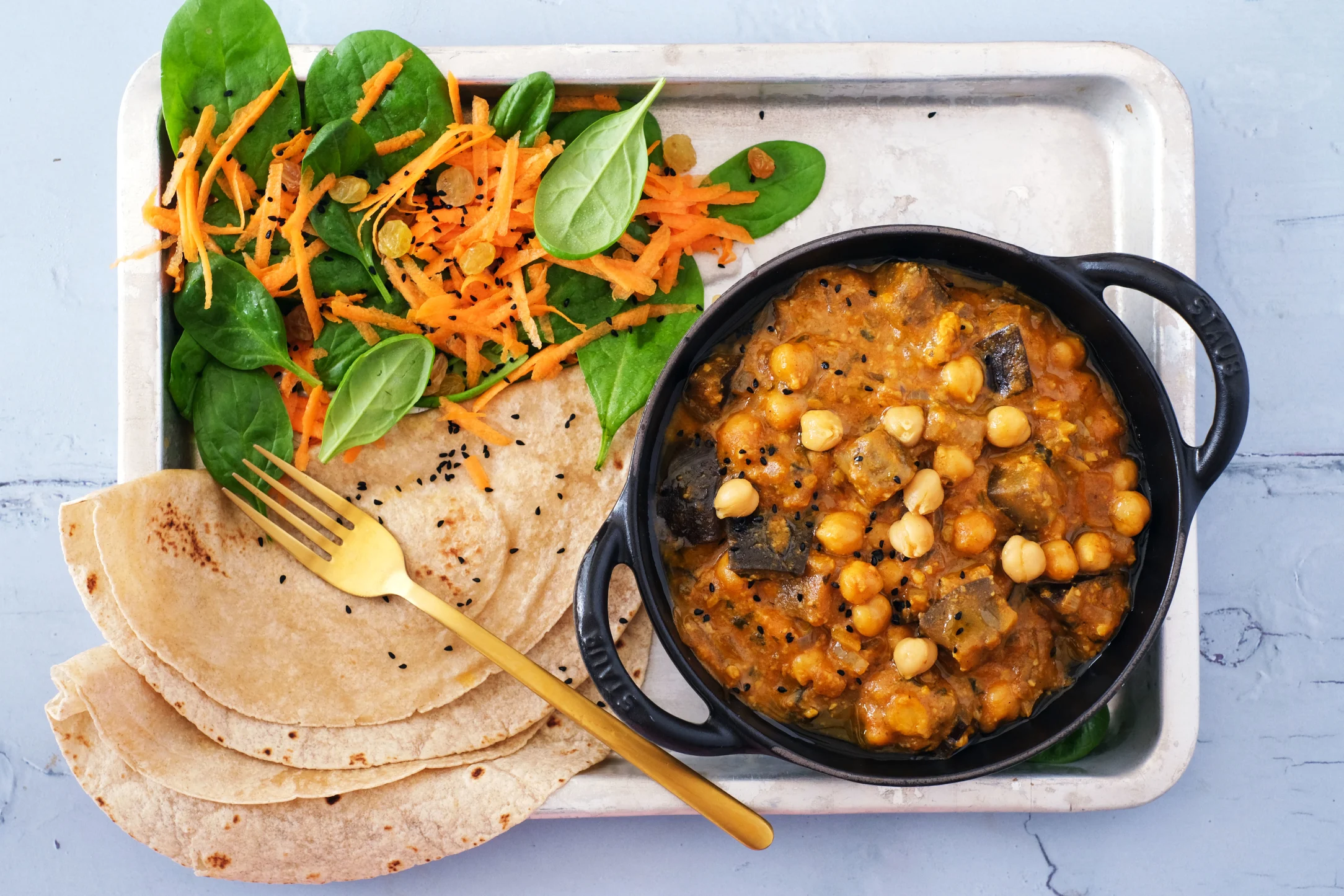 Cashew Chickpea Curry with Eggplant and Chapatis