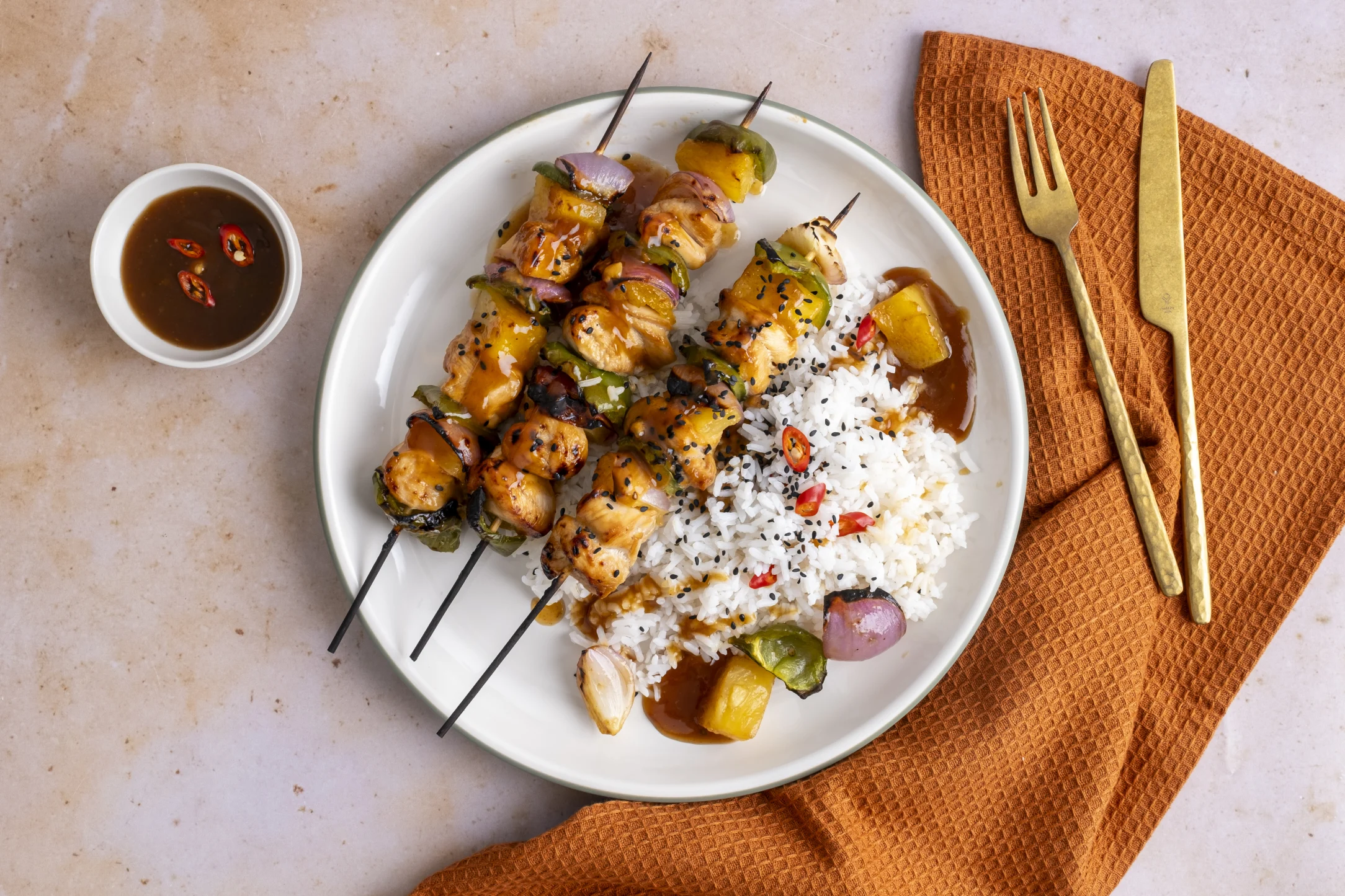 Chicken Teriyaki and Pineapple Skewers with Jasmine Rice