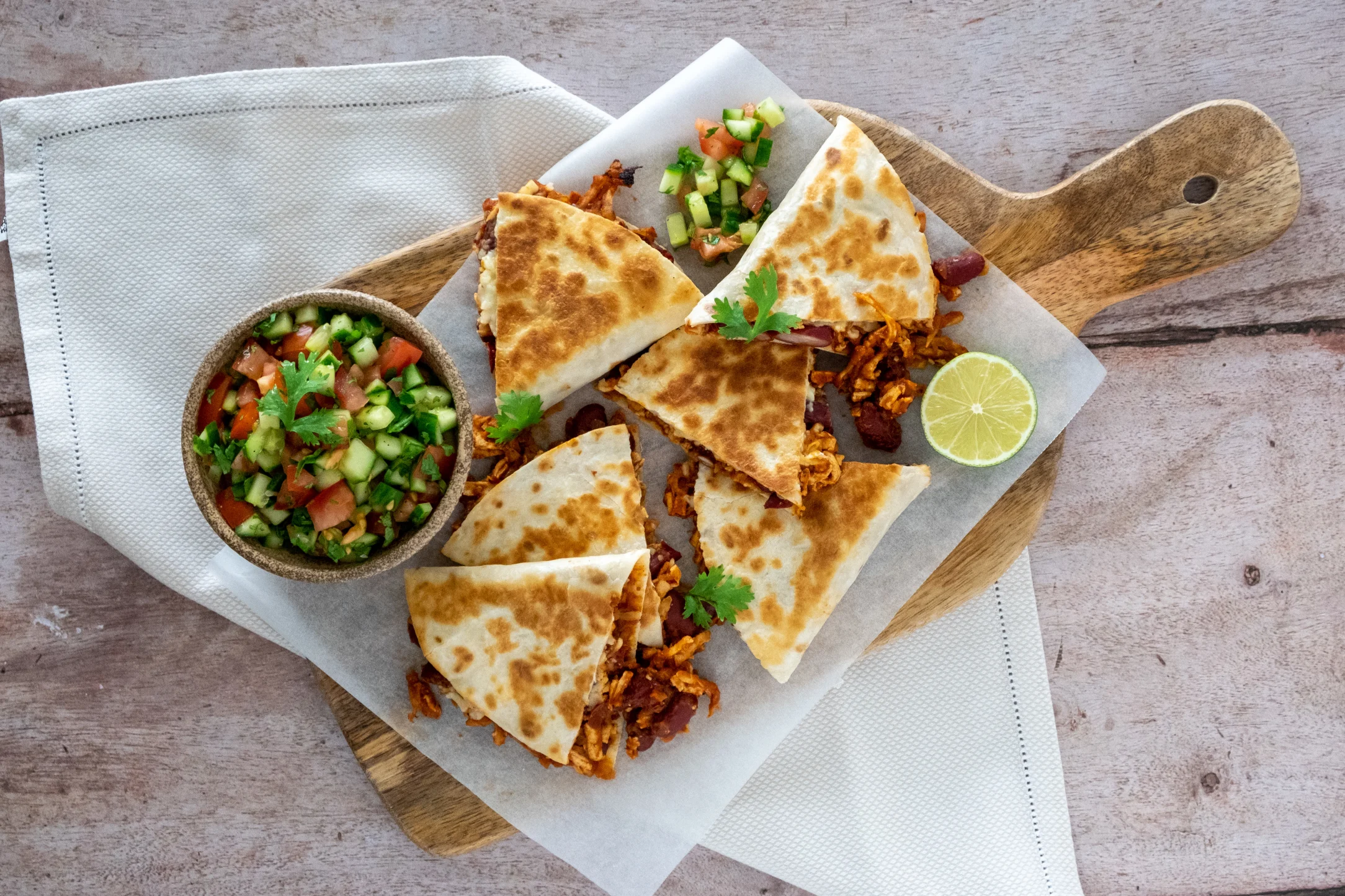 'Pulled' Tofu Vegan Mozzarella Quesadillas with Tomato and Cucumber Salsa
