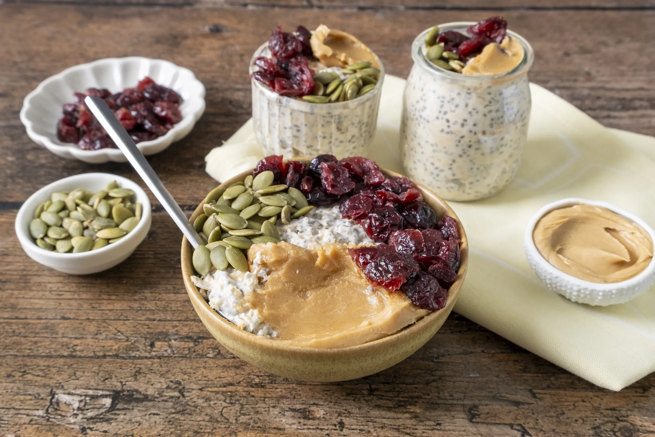 Overnight Oats with Peanut Butter, Cranberries and Pumpkin Seeds