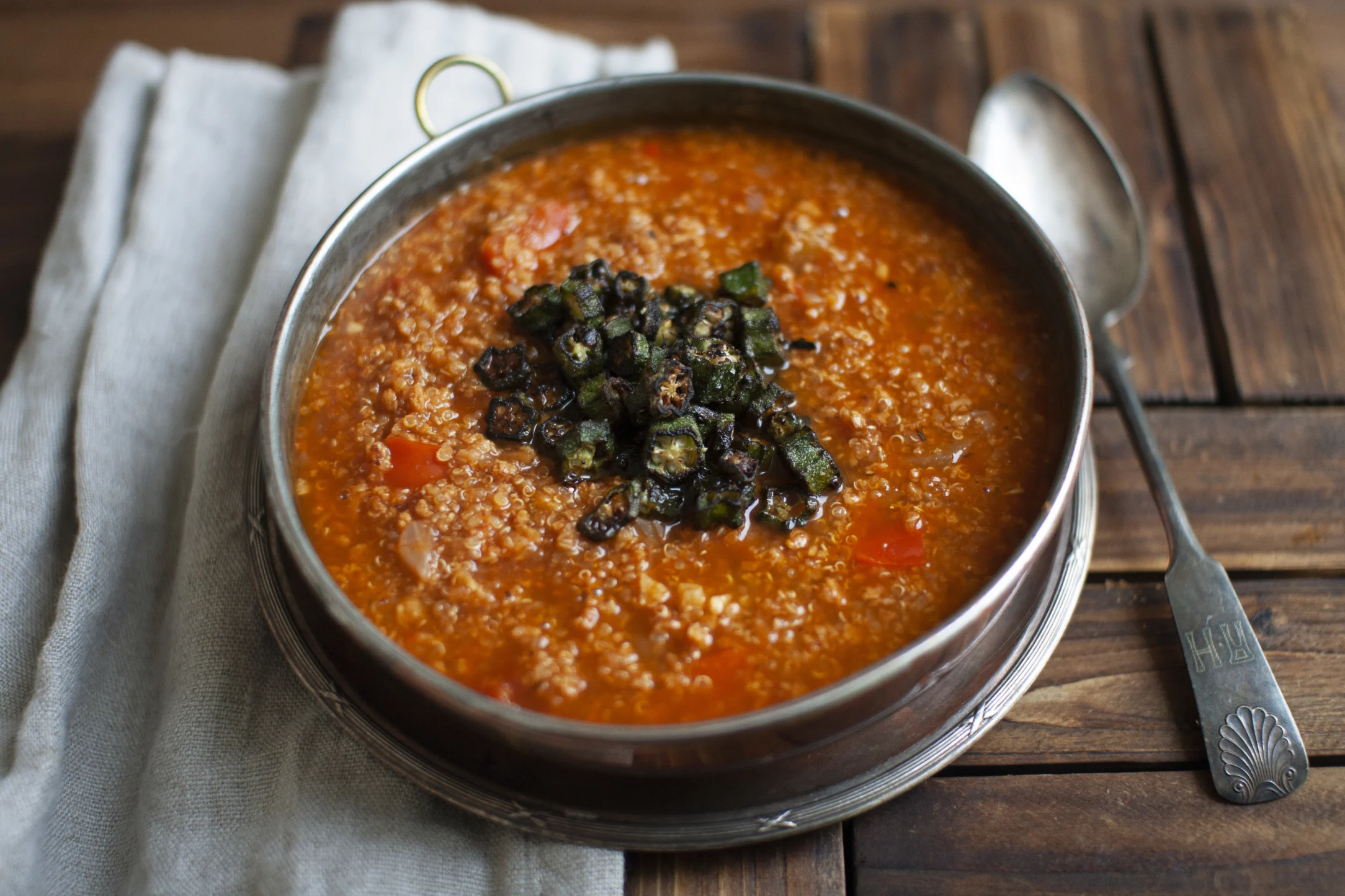 Red Pepper, Quinoa and Soy Mince Soup with Crispy Okra