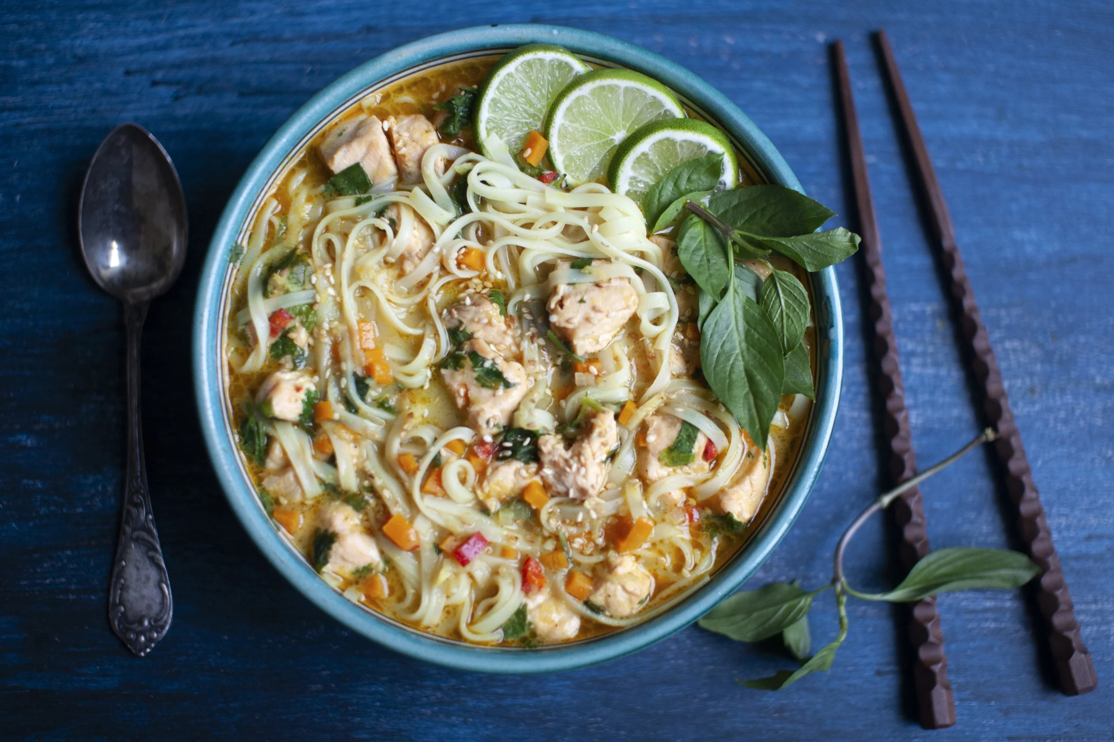 Thai Yellow Curry Salmon and Noodle Soup