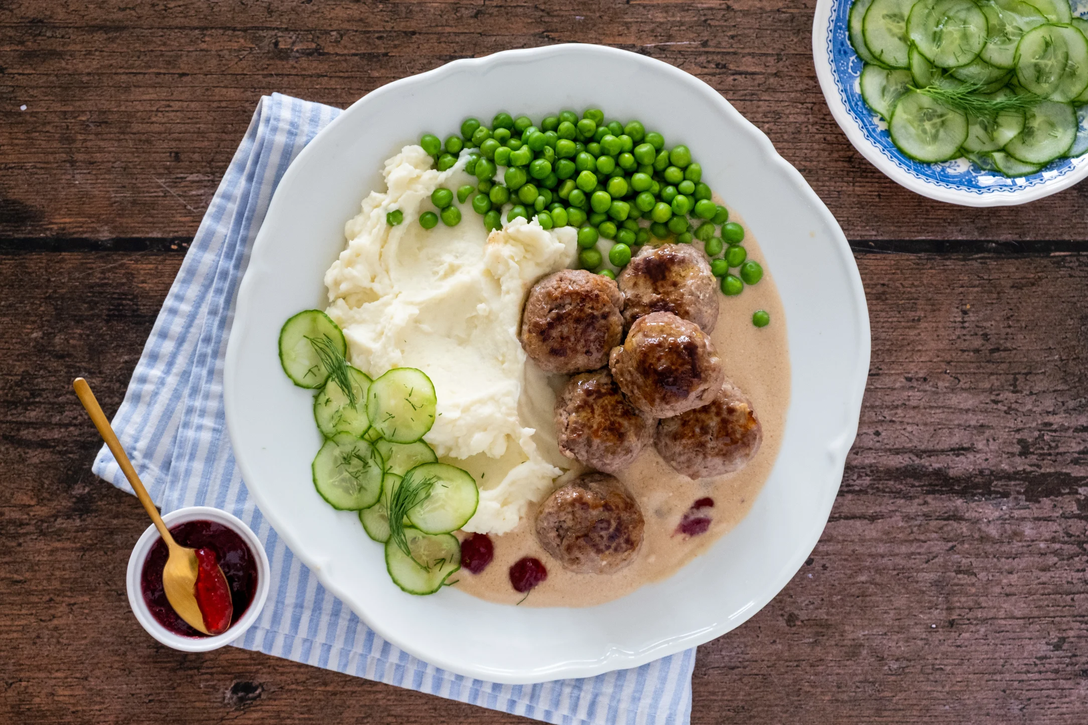 Swedish Meatballs with Peas, Mash and Pickled Cucumber