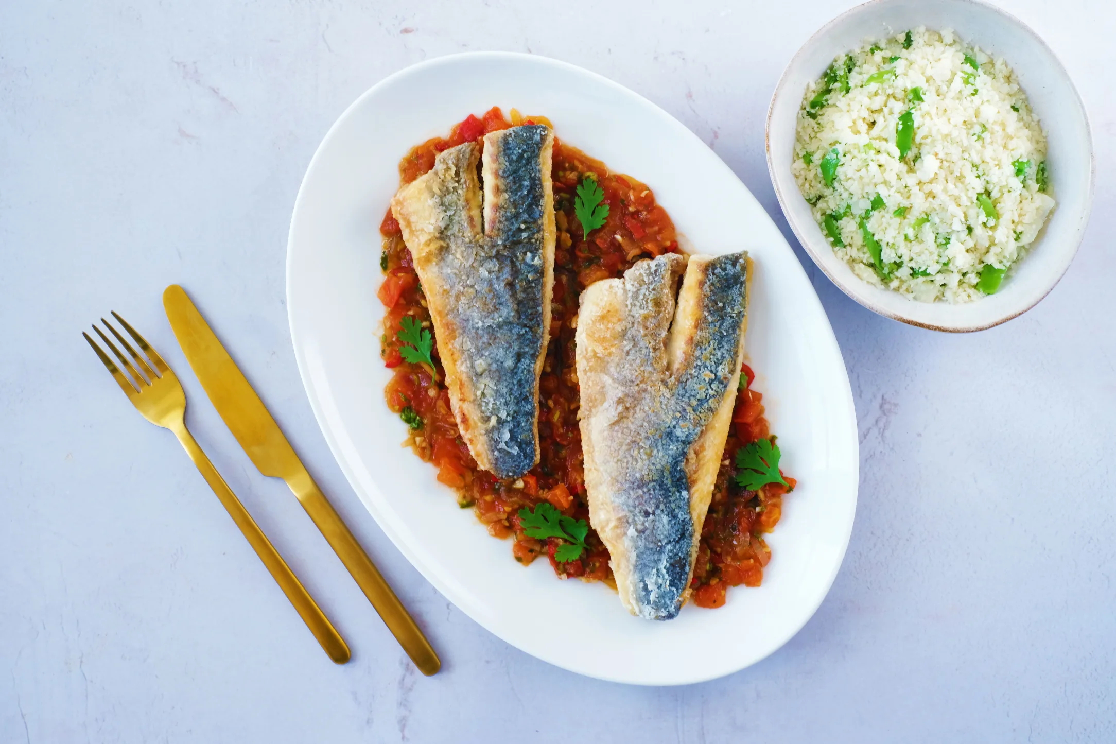 Crispy Thai Seabream with Tamarind Sauce and Cauliflower Rice