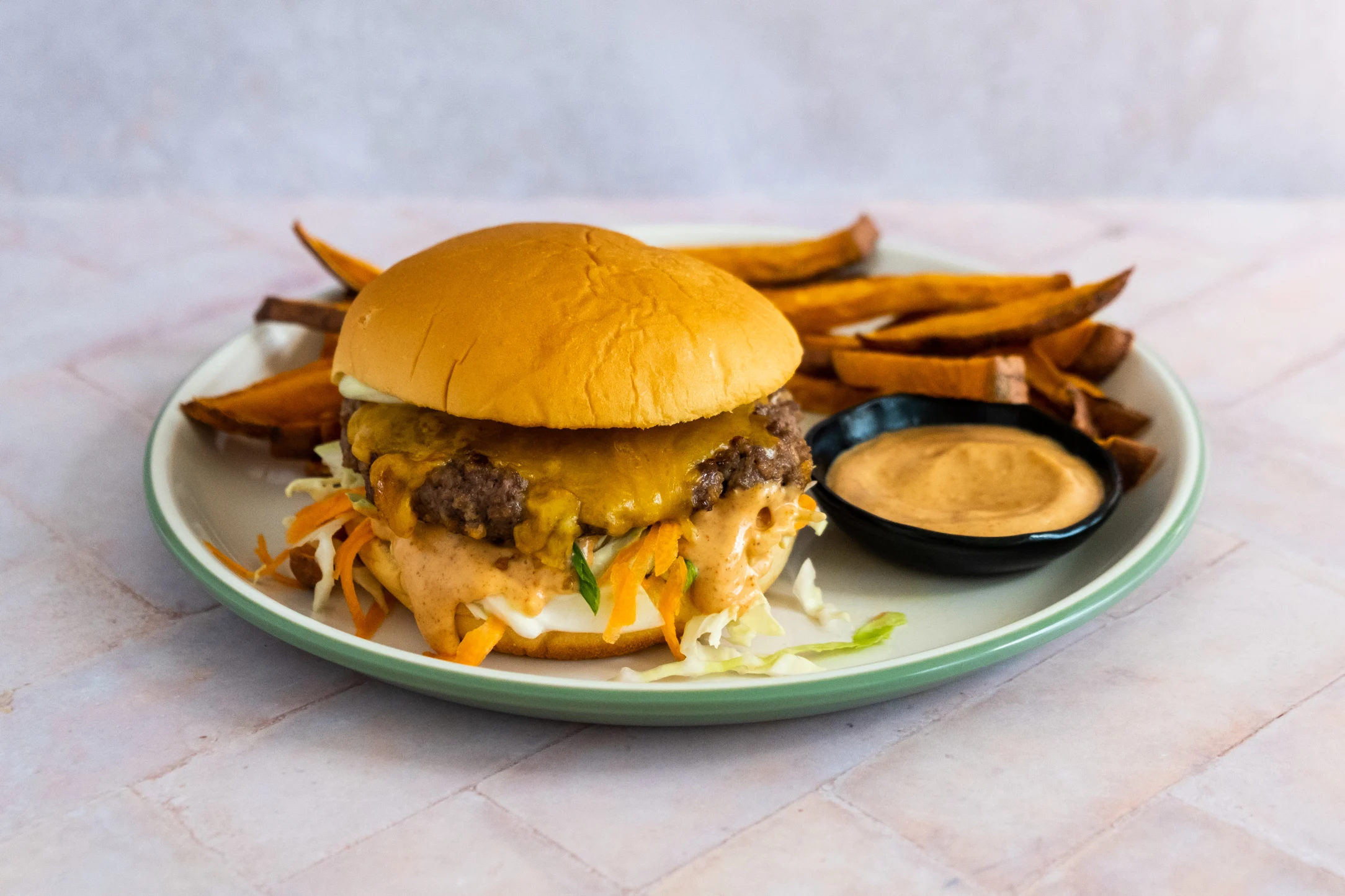 Chipotle Cheese Burger with Sweet Potato Fries and Lime Slaw
