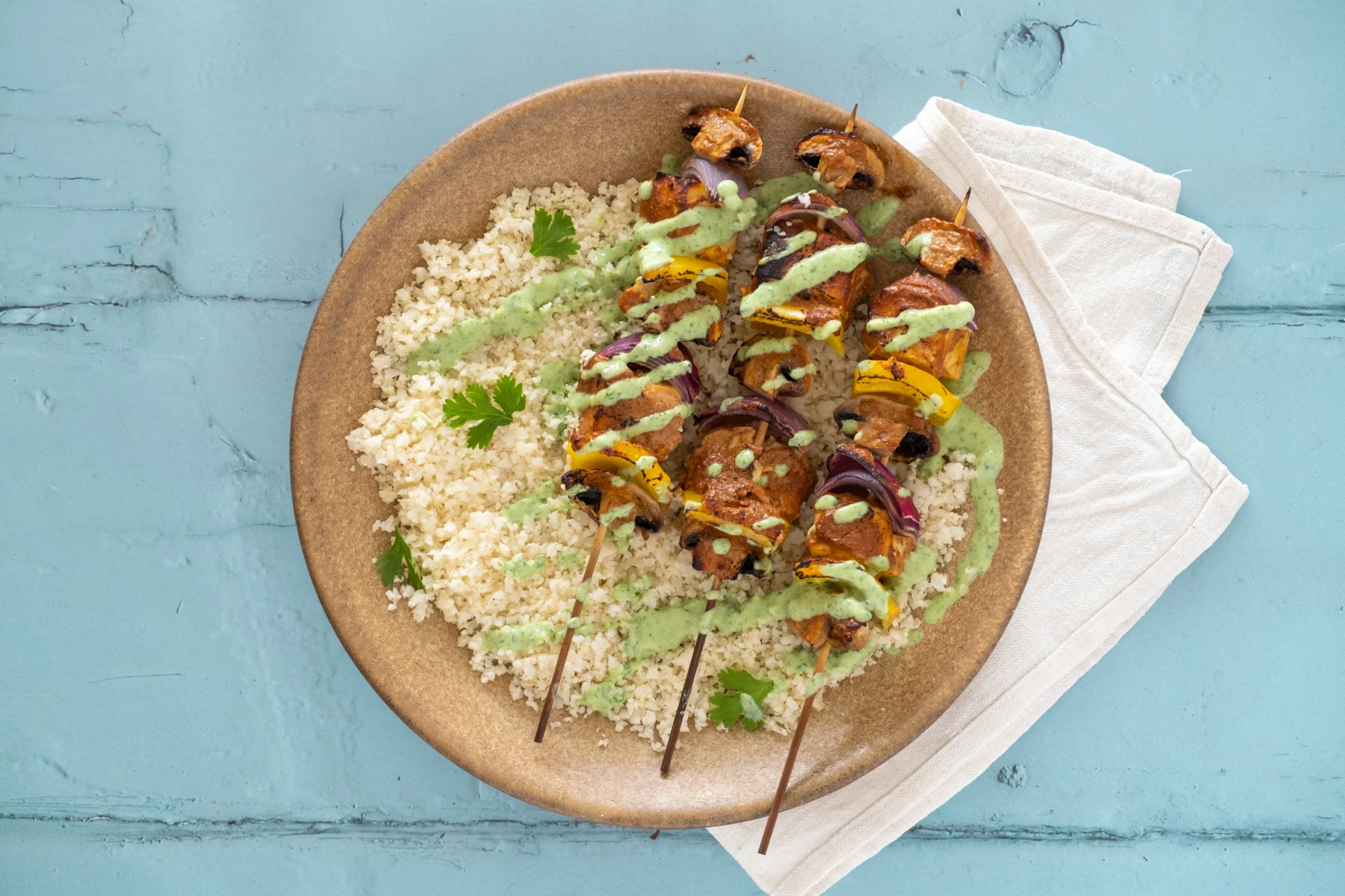 Paneer Tikka Kebabs with Cauliflower Rice and Mint Chutney