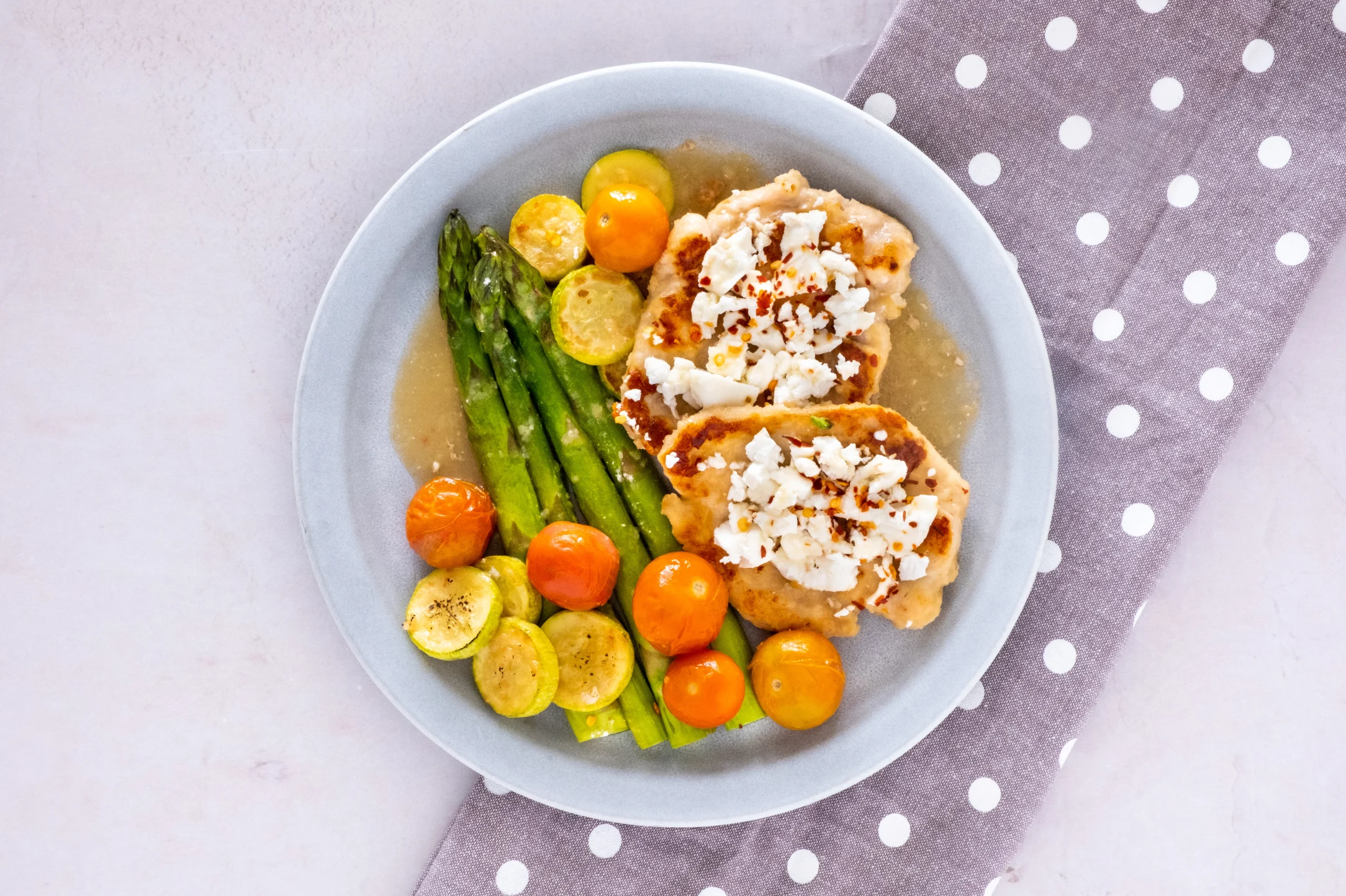 Feta and Chicken One-Pan with Cherry Tomatoes and Asparagus