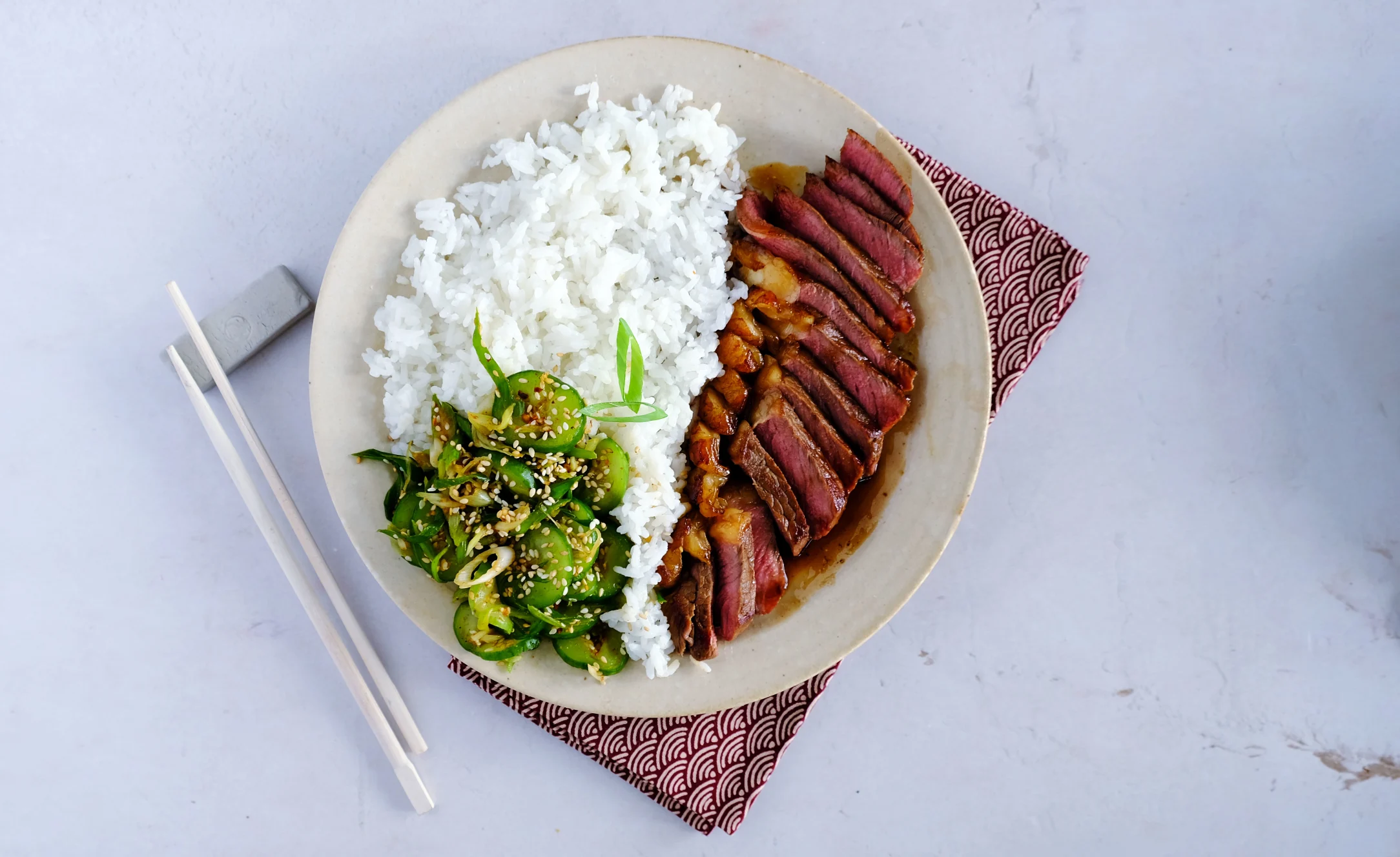 Redev: Soy-Glazed Steak with Crunchy Pickled Veg Salad and Rice