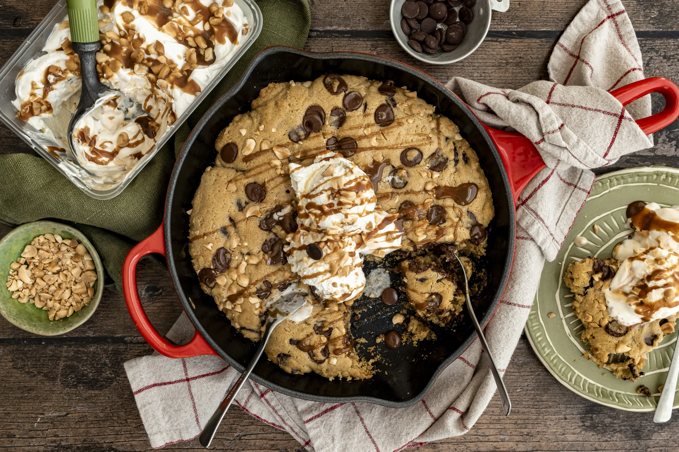 Giant Chocolate Chip Cookie with Homemade Salted Peanut Caramel Ice Cream