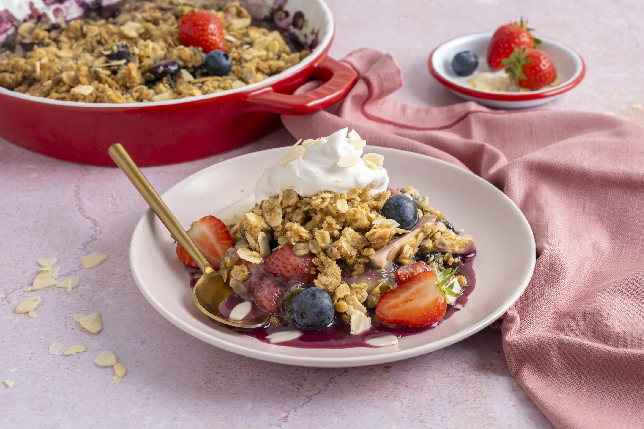 Mixed Berry and Almond Crumble with Whipped Cream