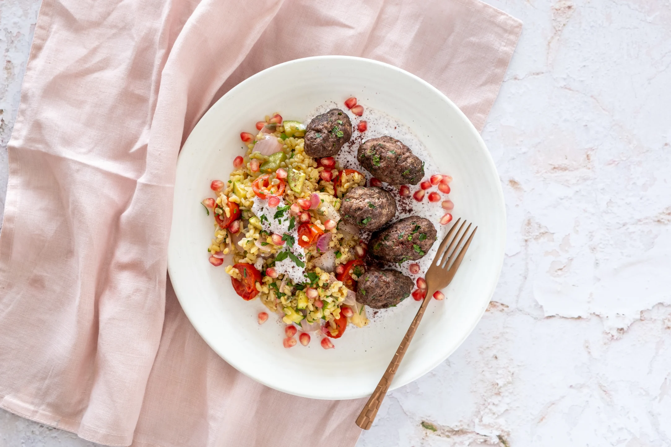 Lebanese Lamb Kofta with Roasted Vegetables, Bulgur Wheat and Sumac Yoghurt