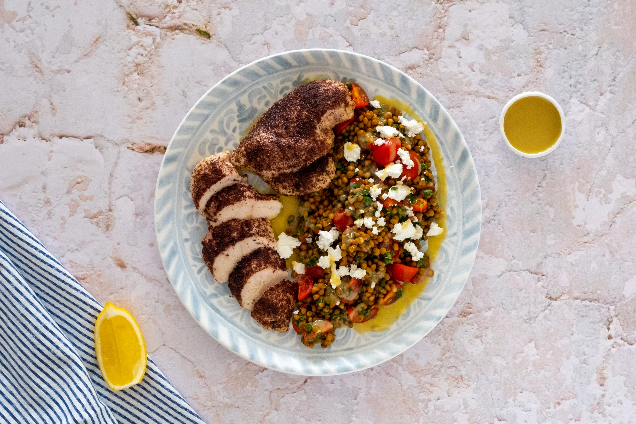 Roasted Sumac Chicken and Lentil Salad with Tahini Dressing and Feta