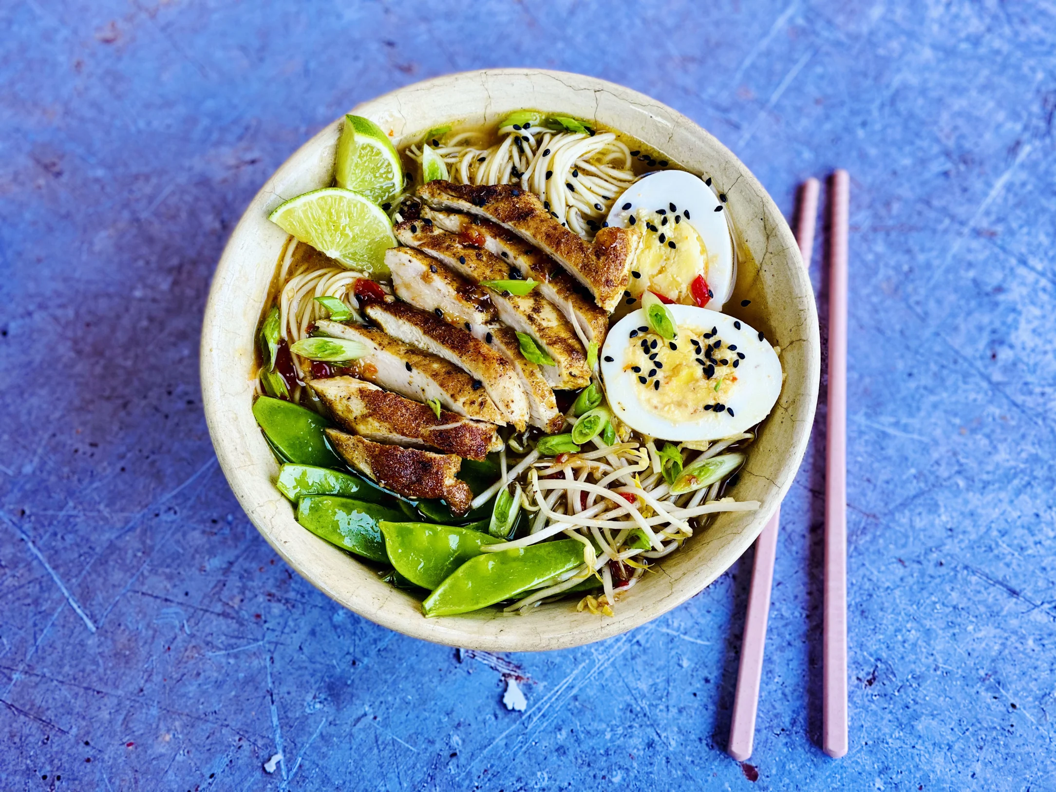 Miso Chicken Ramen with Egg and Snow Peas