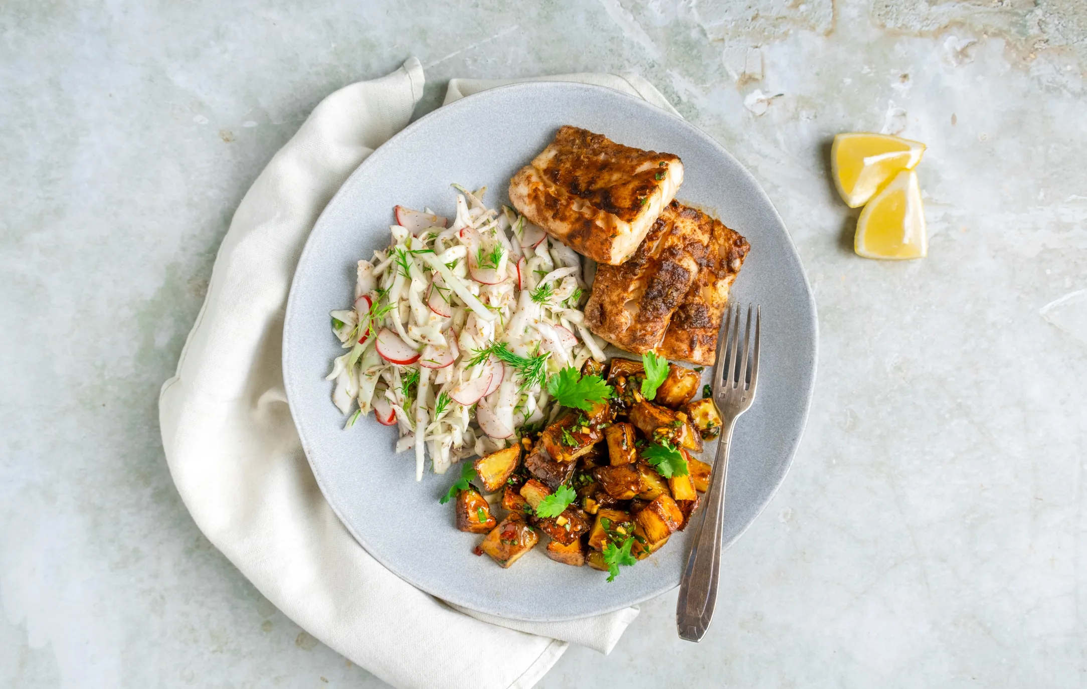 Middle Eastern Spiced Cod with Chilli Jam Potatoes and Dill Slaw