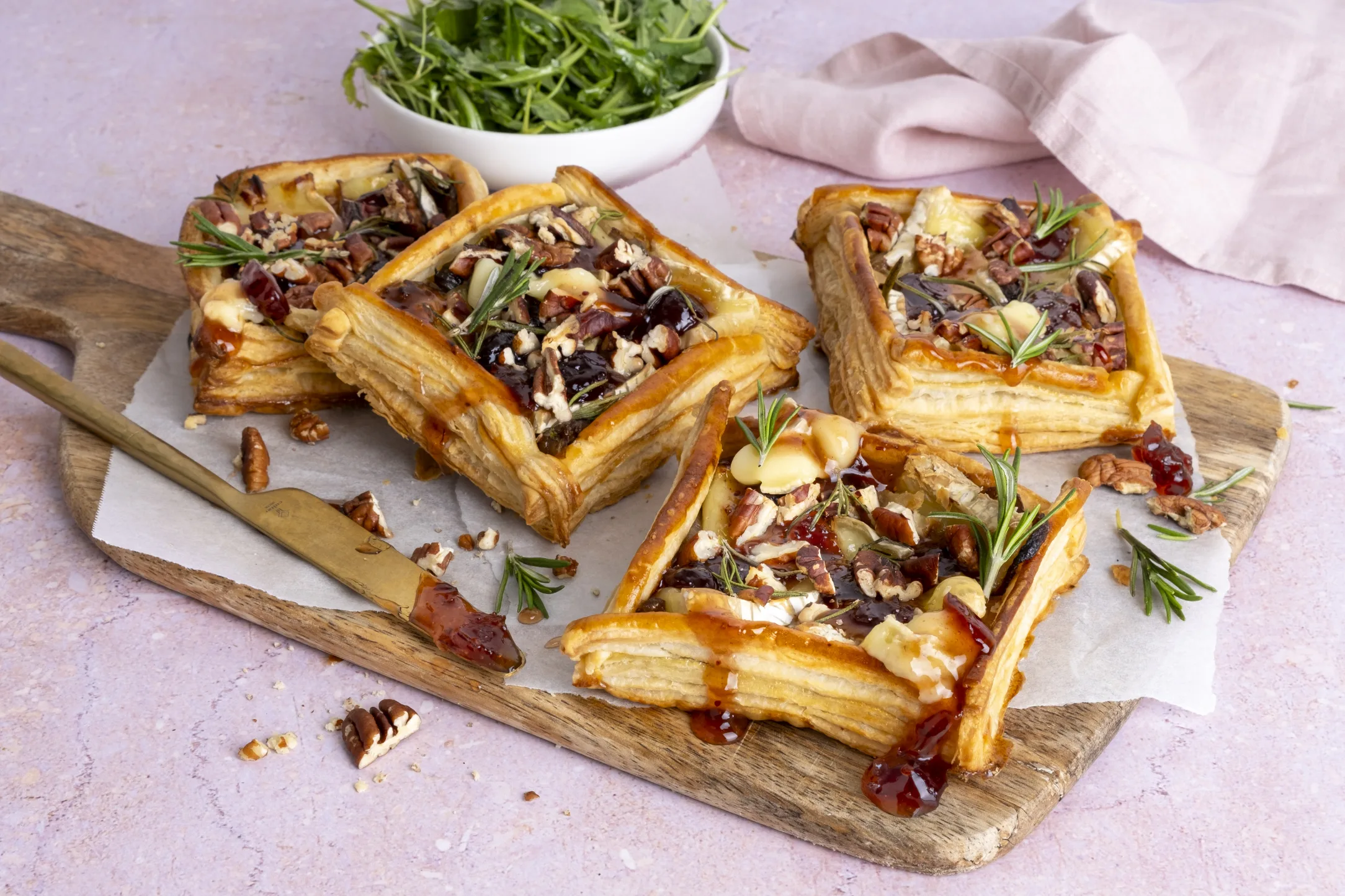 All-Butter Puff Pastry Tarts with Brie, Caramelised Onion, and Cranberry Sauce