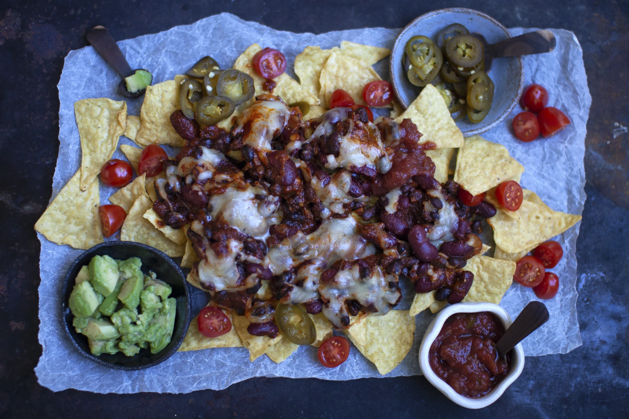 Loaded Nachos with Beans, Cheese and Avocado
