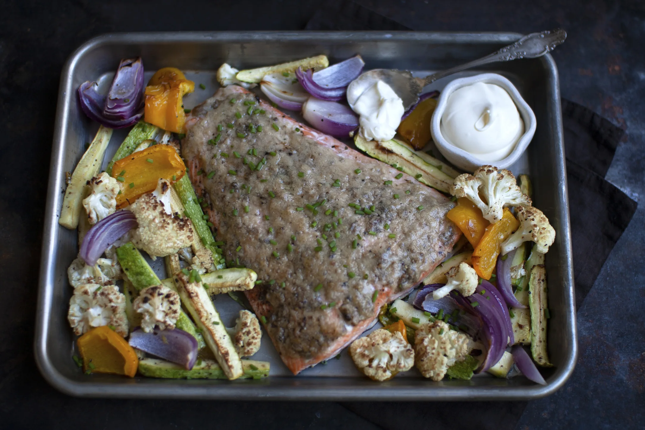 Parmesan and Anchovy Salmon with Roasted Vegetables