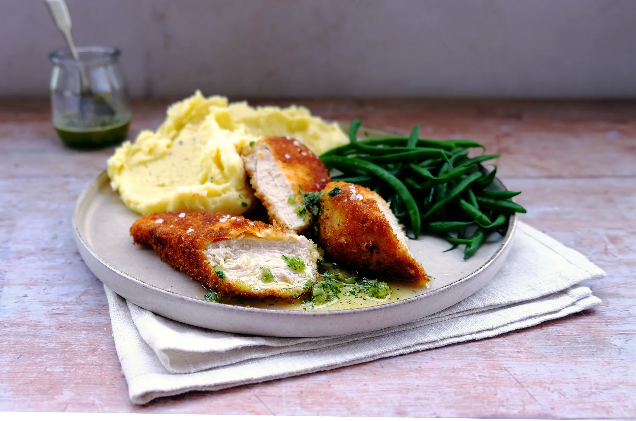 Cheat's Chicken Kiev with Mash and Green Beans