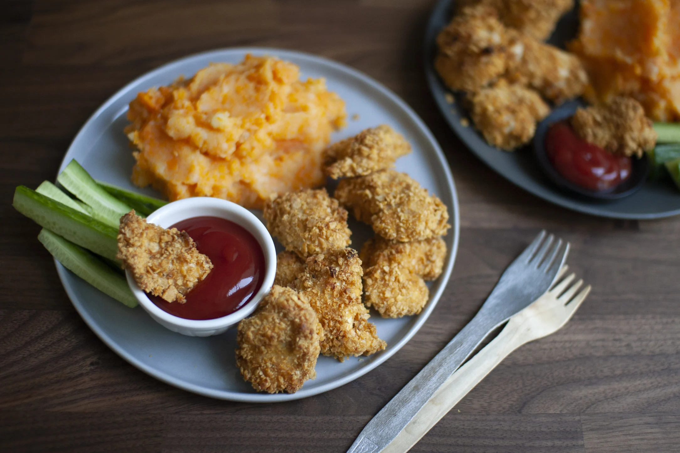 Crispy Chicken Nuggets with Carrot and Potato Mash