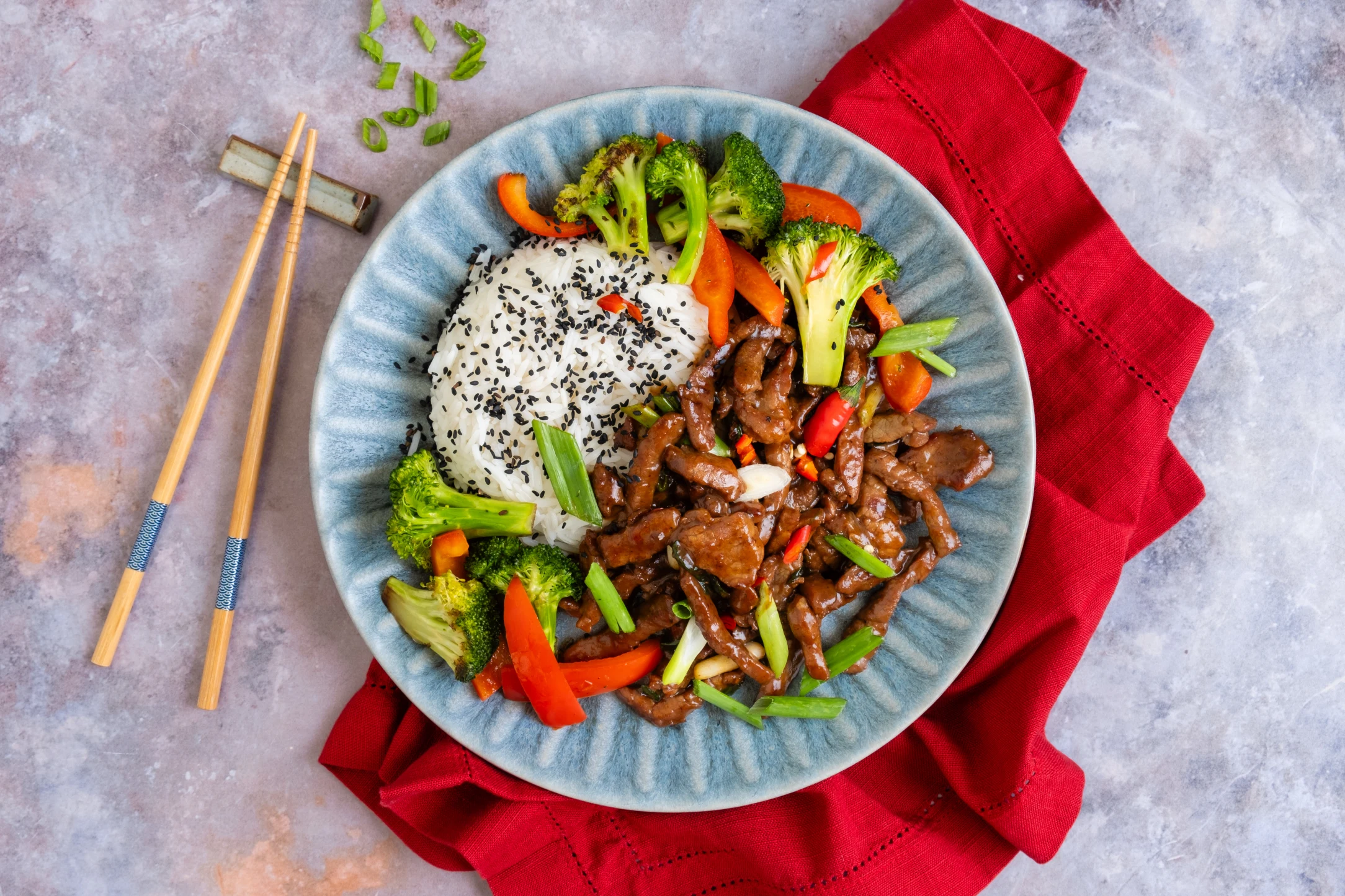 Mongolian Beef with Stir-Fried Vegetables and Garlic Jasmine Rice