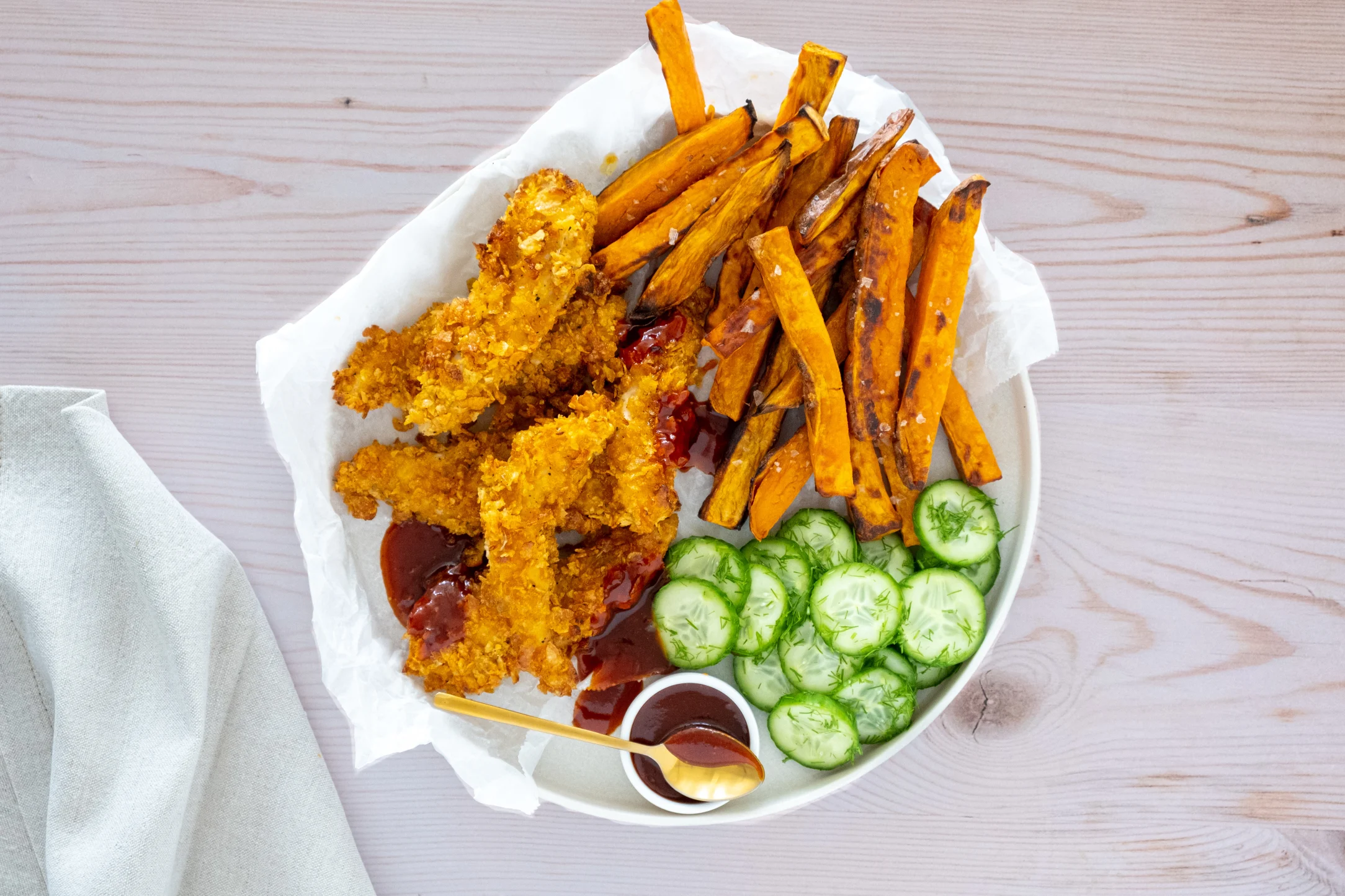 Hot Honey Chicken with Sweet Potato Fries and Quick Pickled Dill Cucumber
