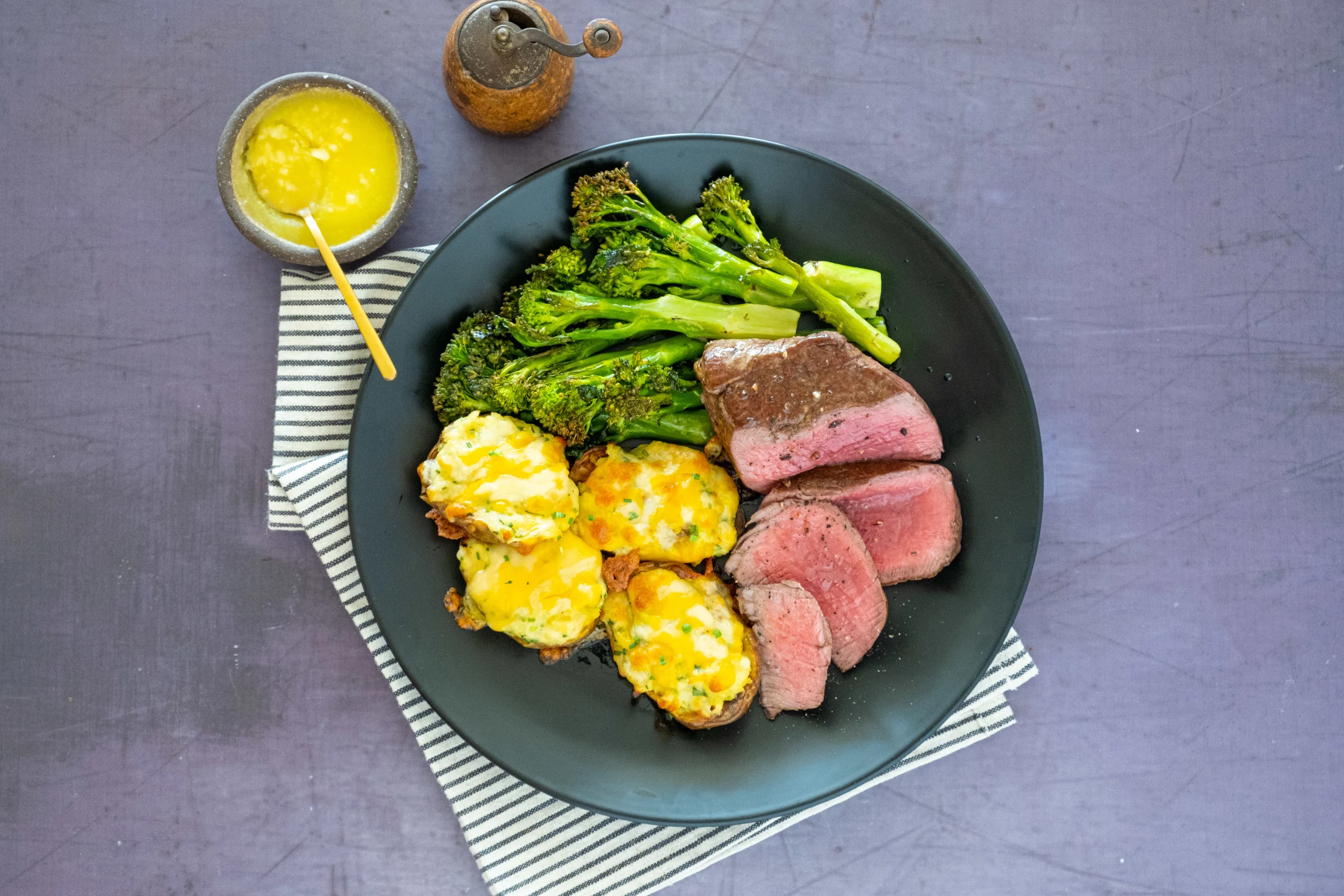Tenderloin Fillet and Twice Baked Potatoes with Tenderstem Broccoli and Garlic Butter