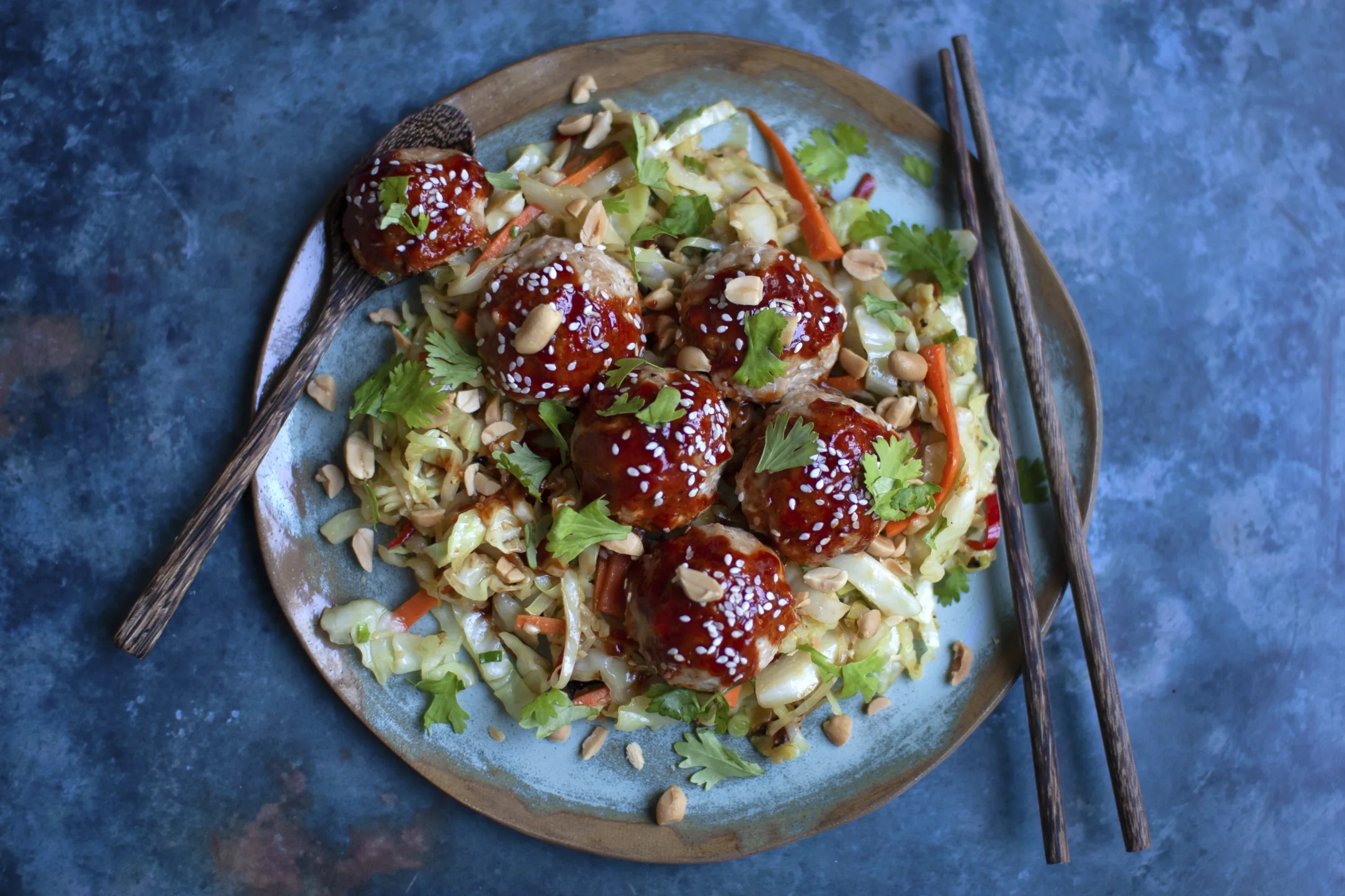 Teriyaki Chicken Meatballs with Cabbage Stir Fry