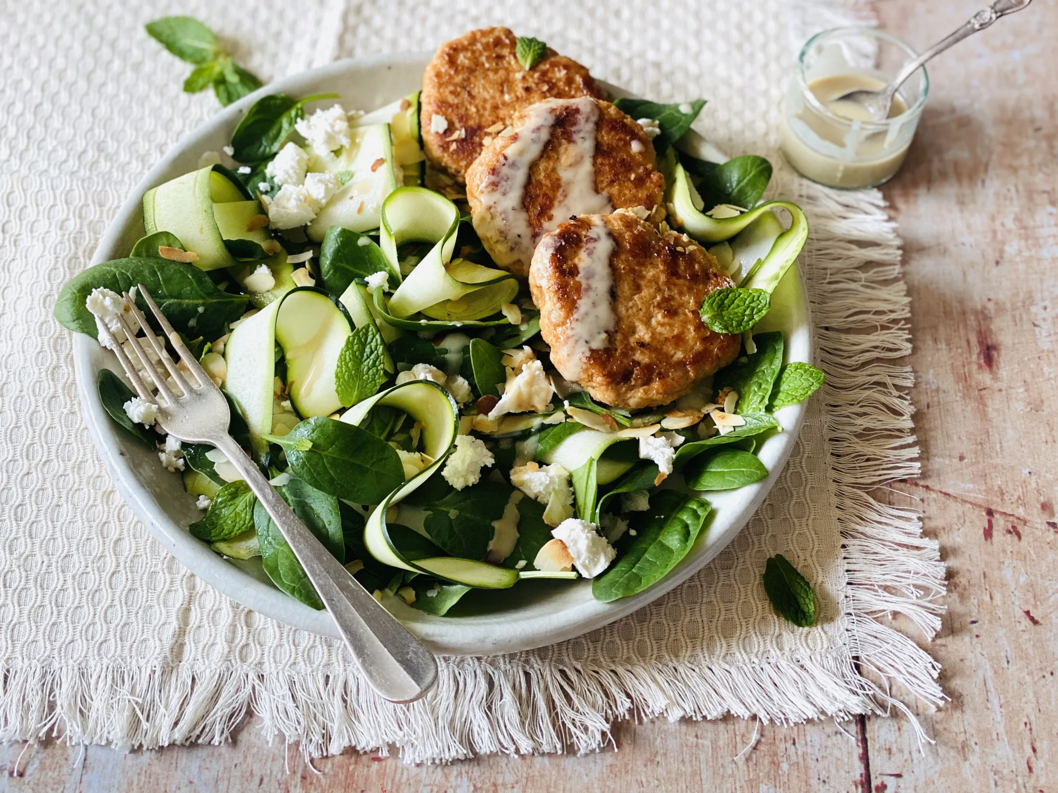 Chicken Harissa Burgers with Zucchini Salad and Feta