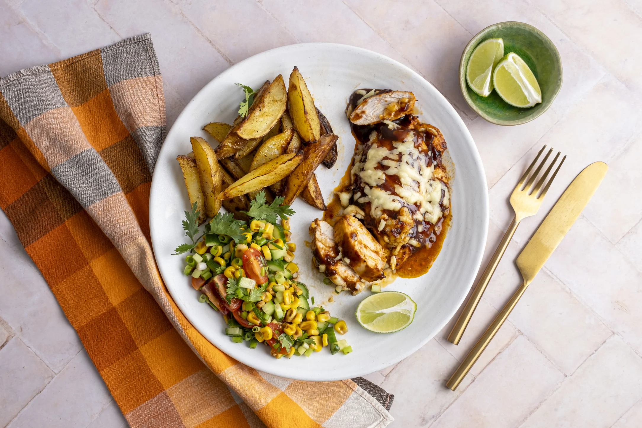Cheesy Chipotle BBQ Chicken with Potato Wedges and Charred Corn Salad