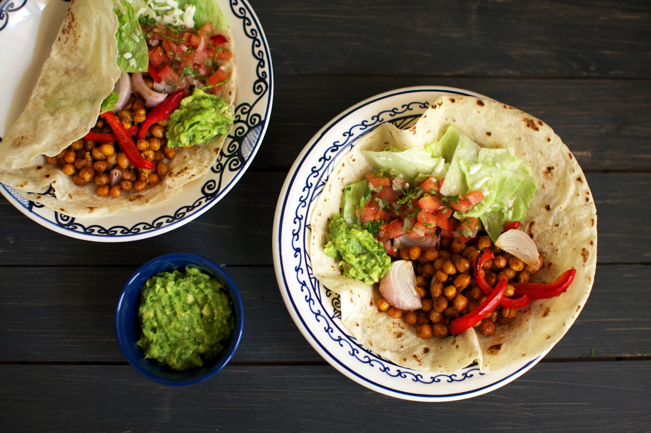 Roasted Pepper and Chickpea Fajitas with Guacamole and Salsa