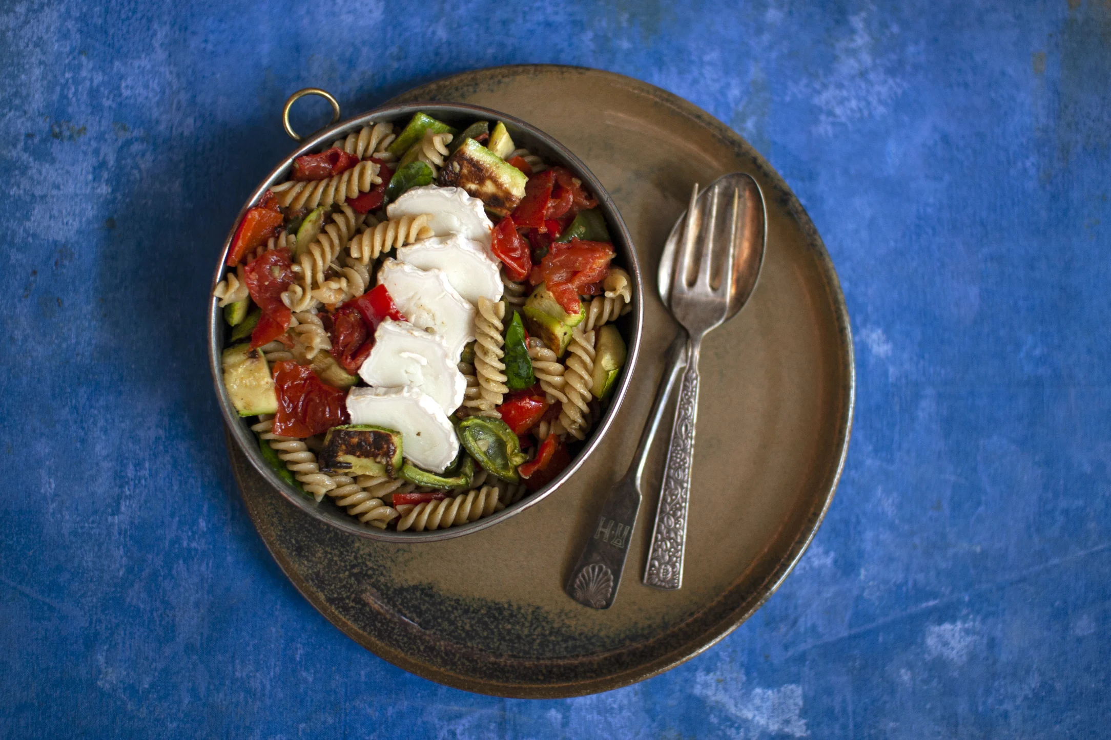 Roasted Vegetable Pesto Pasta with Goat Cheese