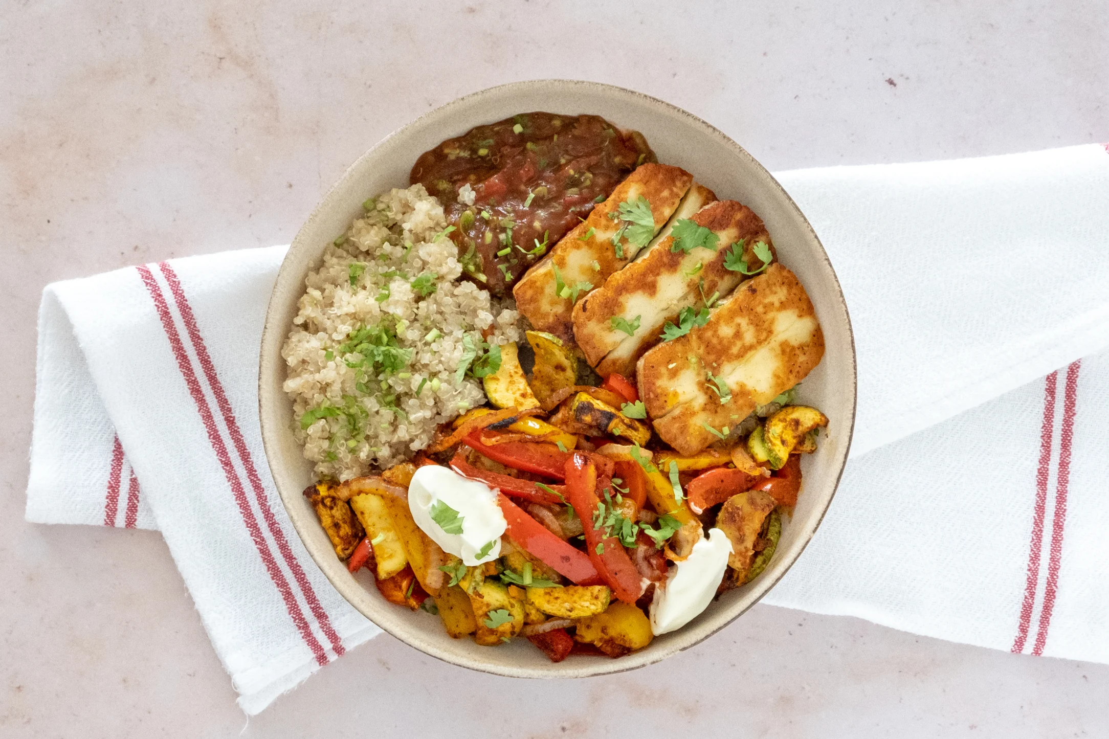 Halloumi Fajita Bowl with Quinoa, Salsa and Sour Cream