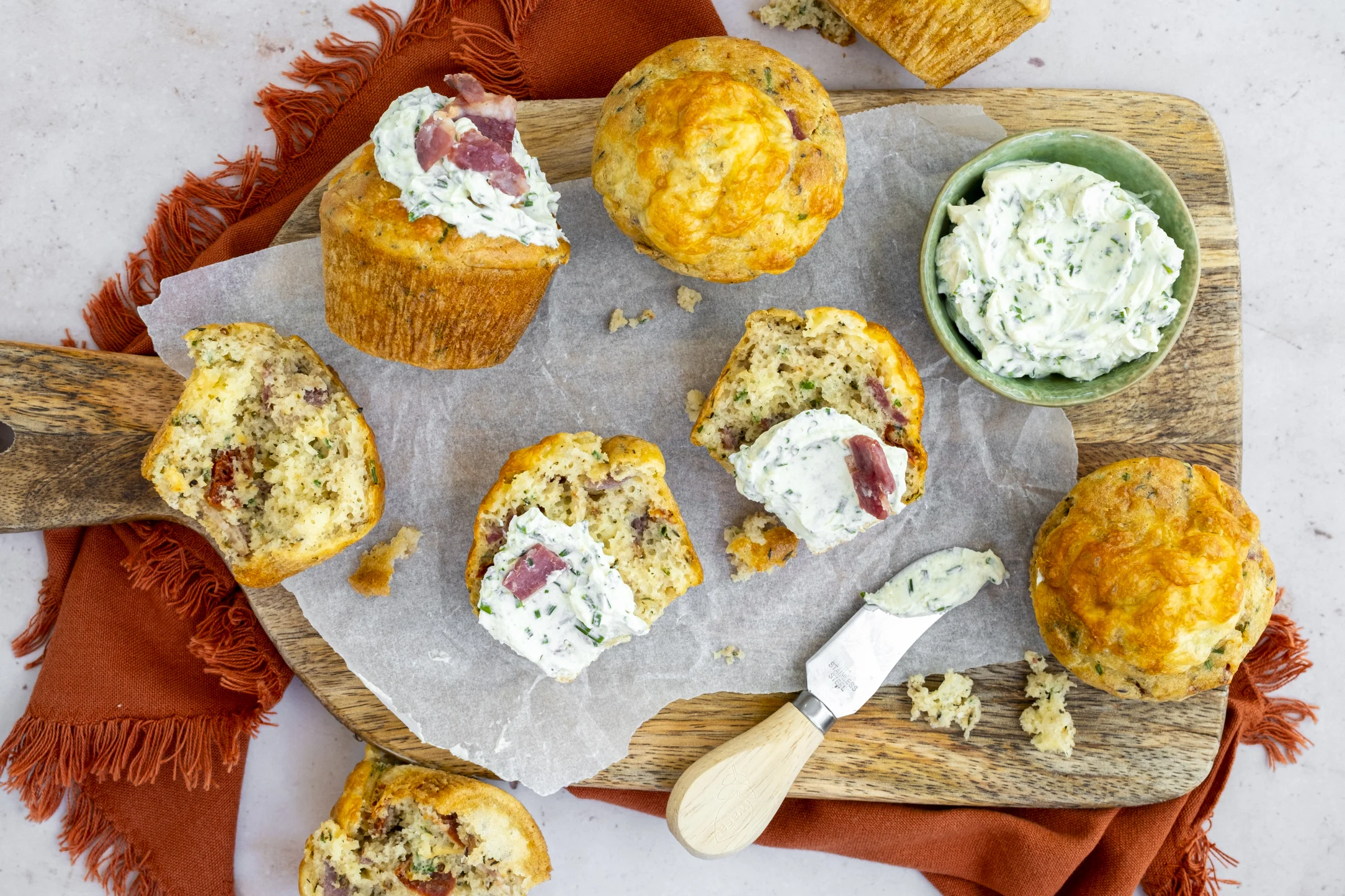 Bacon and Cheddar Breakfast Muffins with Chive Cream Cheese