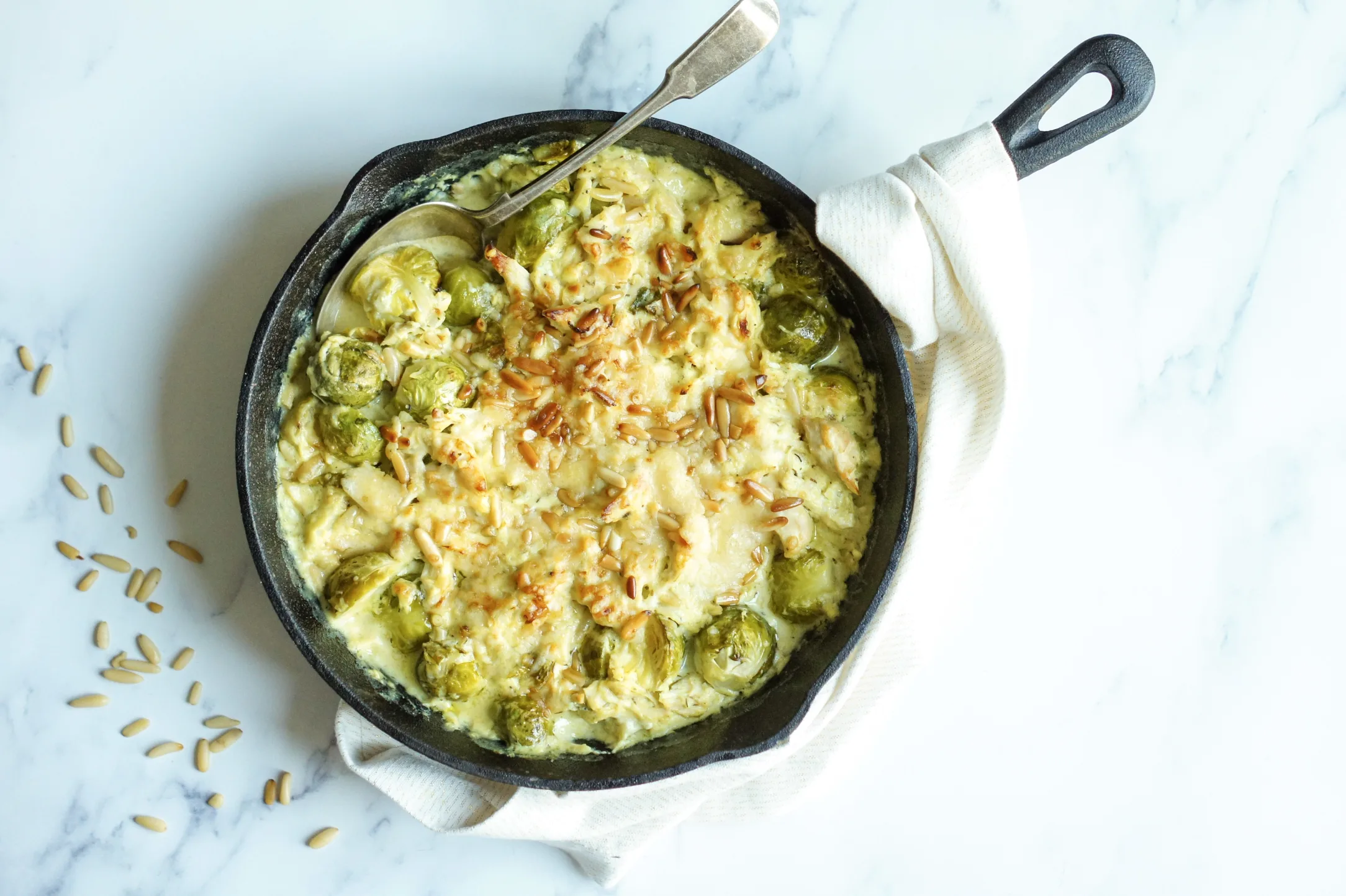 Creamy Chicken, Brussels Sprout and Parmesan Bake with Pine Nuts