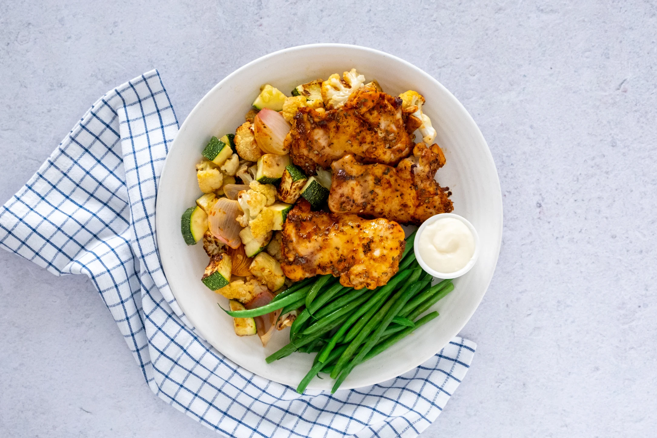 Orangey Chicken Thigh and Roasted Vegetables Traybake with Green Beans
