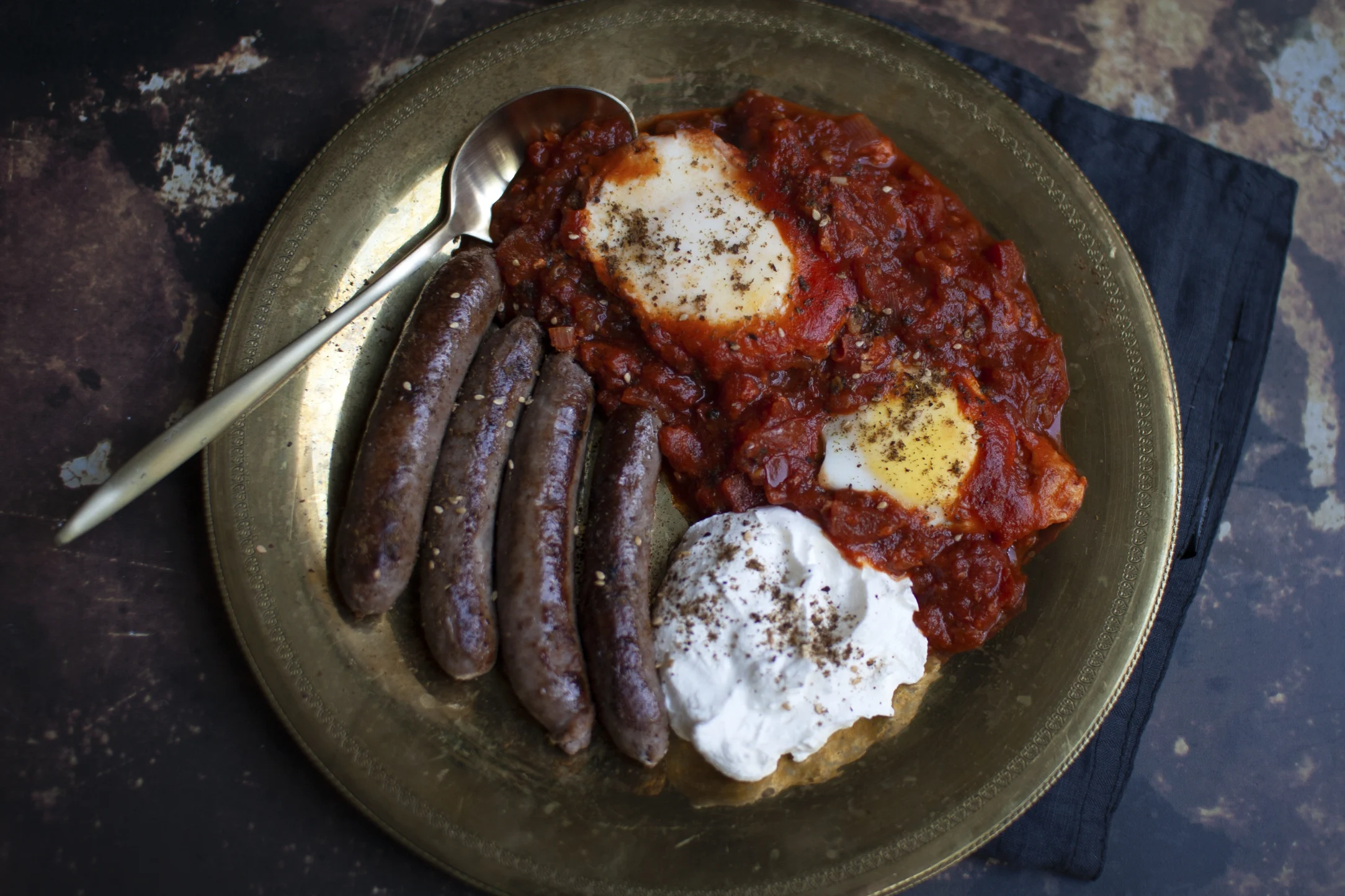 Spicy Sausages with Shakshuka and Labneh