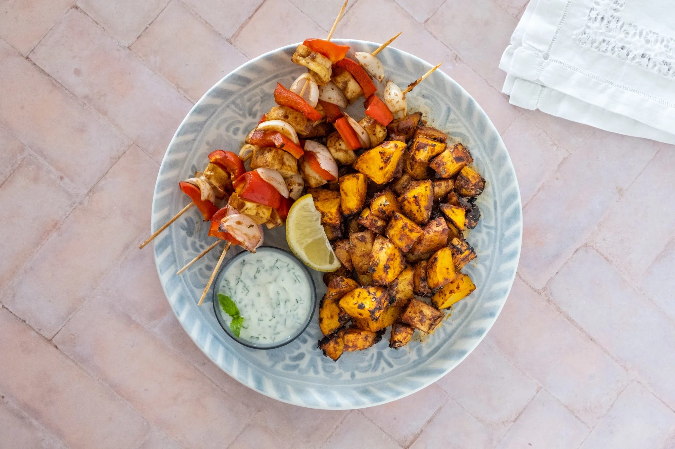 Greek Halloumi Skewers with Roasted Potatoes and Lemon Basil Yogurt
