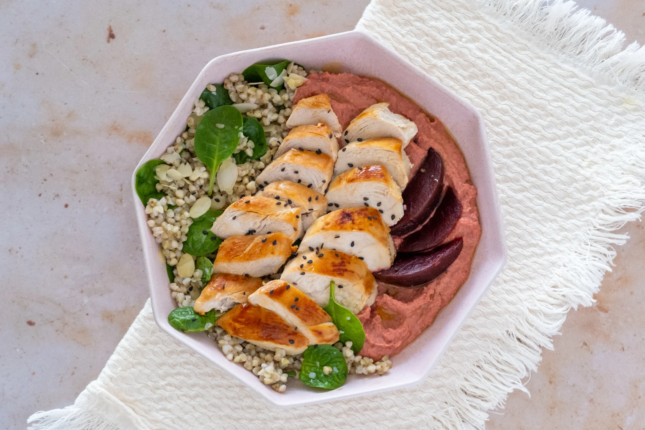 Beetroot Hummus Bowl with Chicken and Buckwheat