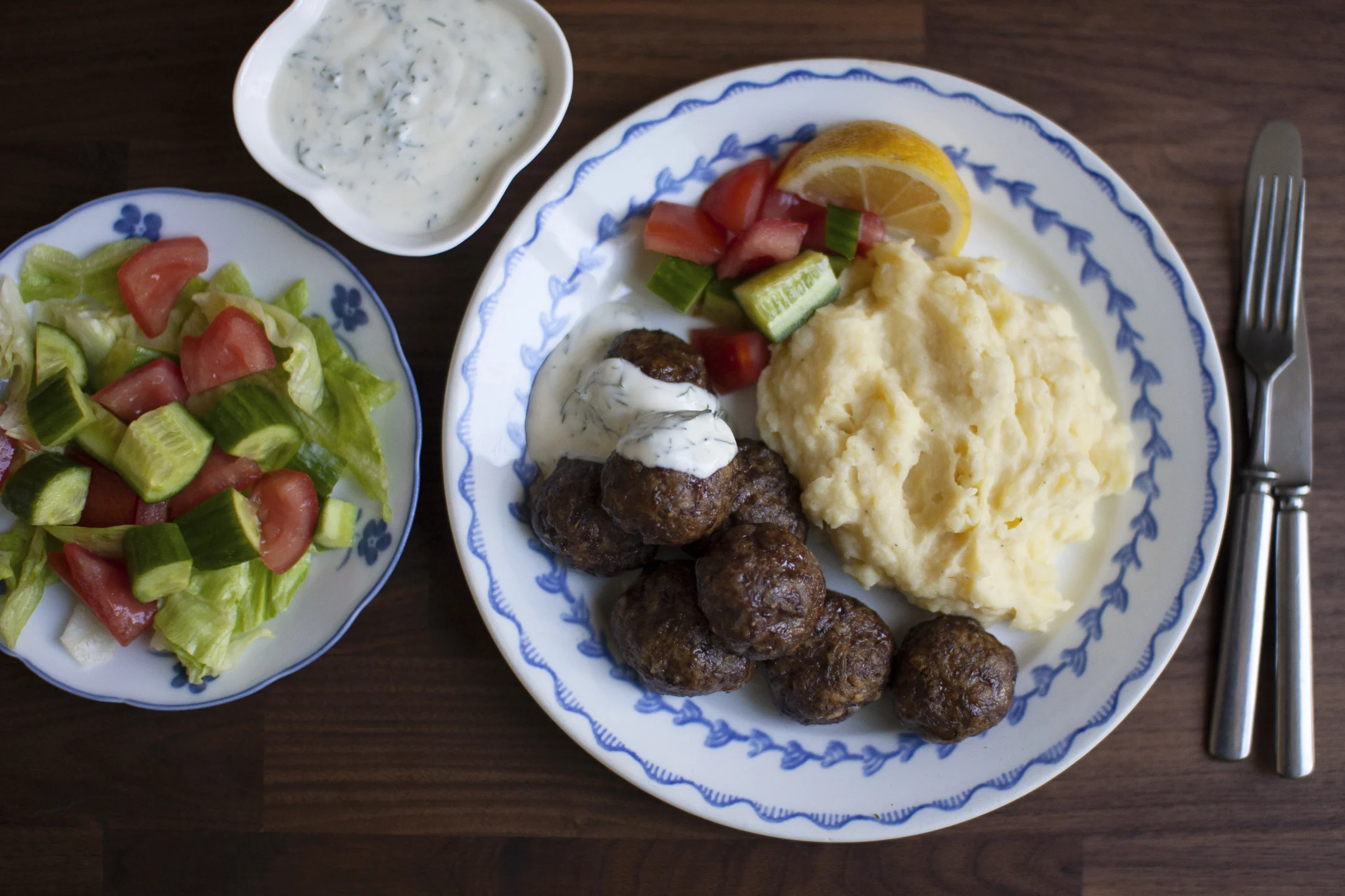 Swedish Meatballs with Mashed Potatoes and Salad