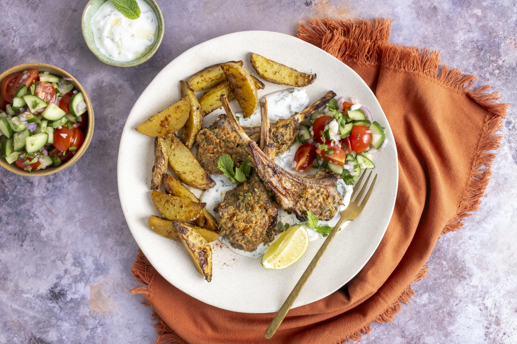 Tandoori Lamb Chops and Roast Potatoes with Salad and Mint Yogurt
