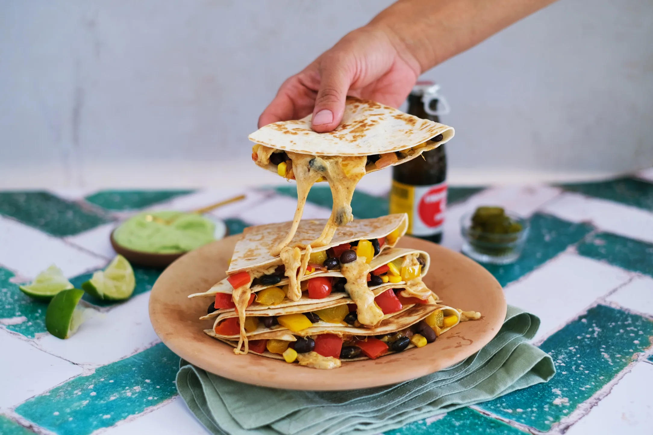 Cheesy Veggie Filled Quesadillas with Avo Lime Crema