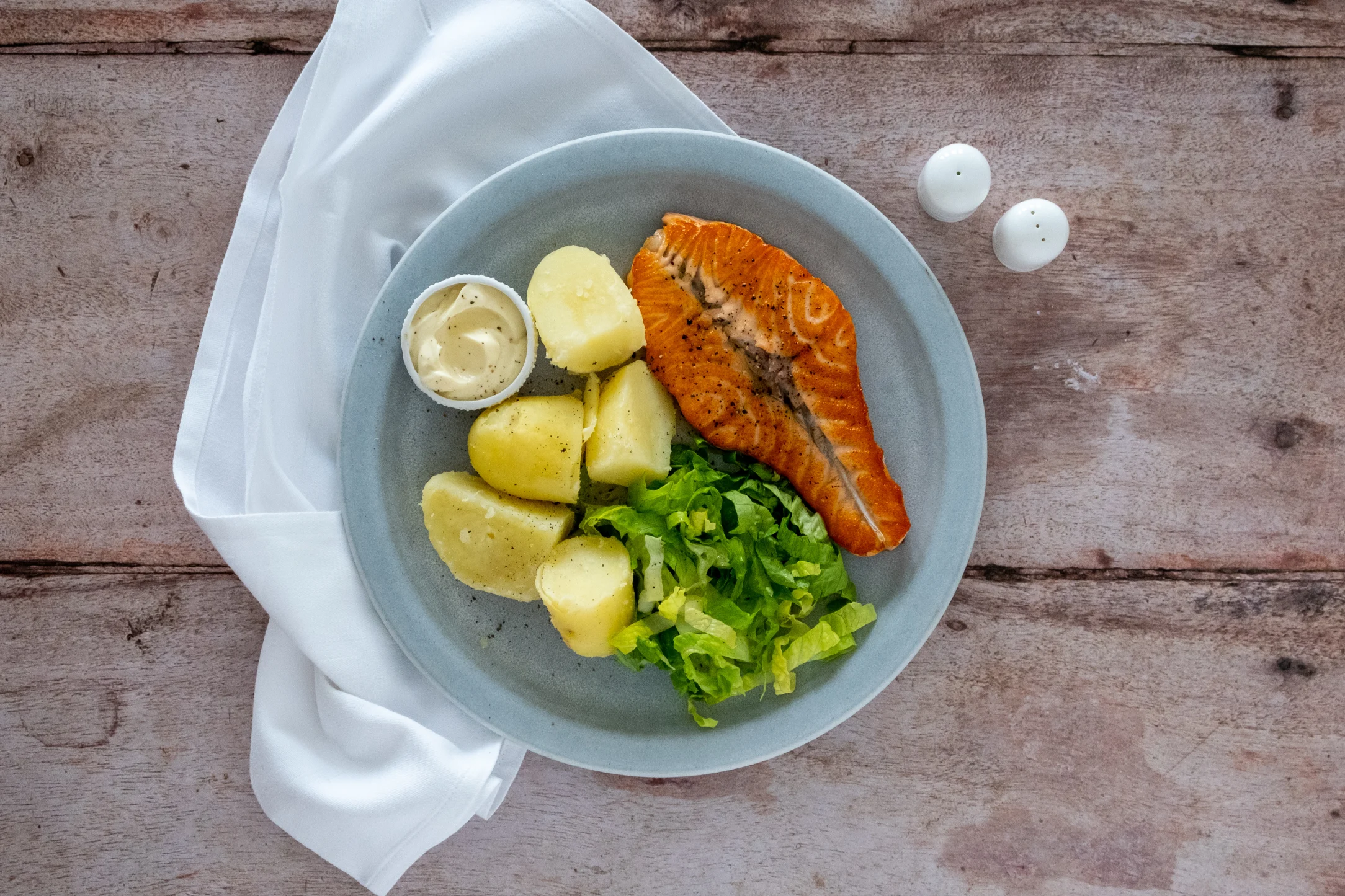 Crispy Butterfly Salmon with Boiled Potatoes, Lemony Mustard Sauce and Green Salad