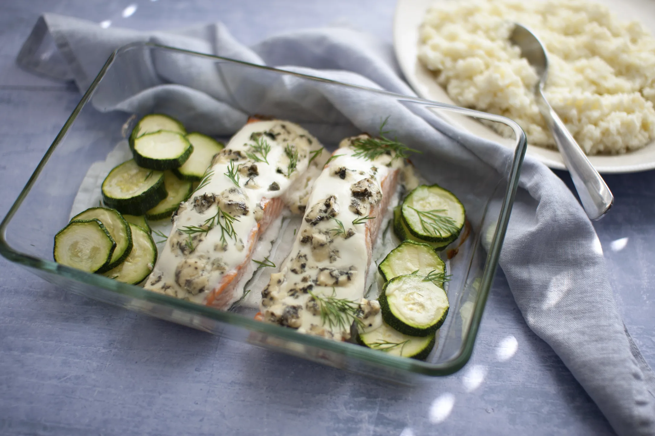 Creamy Blue Cheese Salmon with Cauliflower Mash