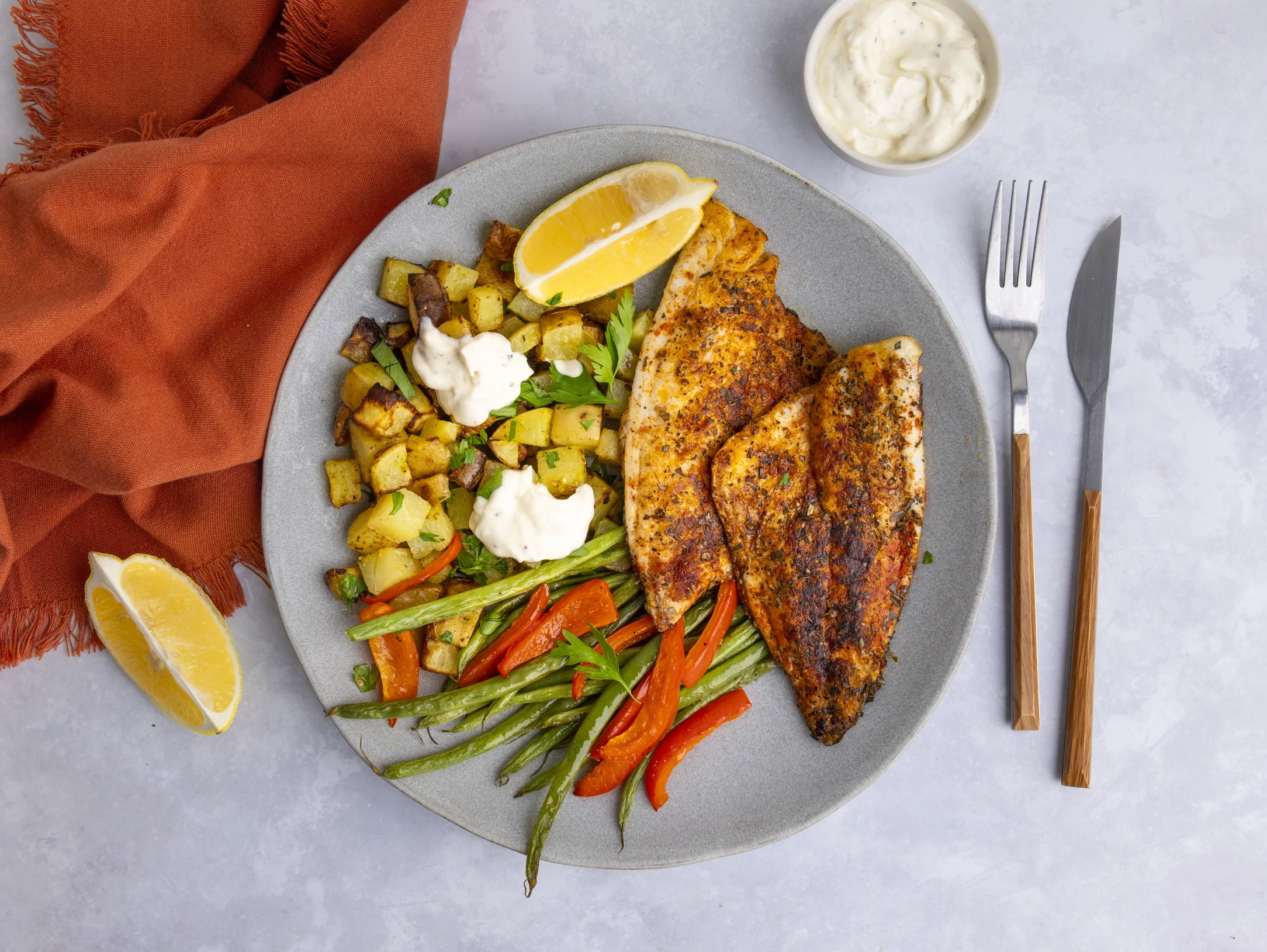 Smoky Seabream with Roast Potatoes, Red Pepper, Green Beans and a Lemon Herb Dressing