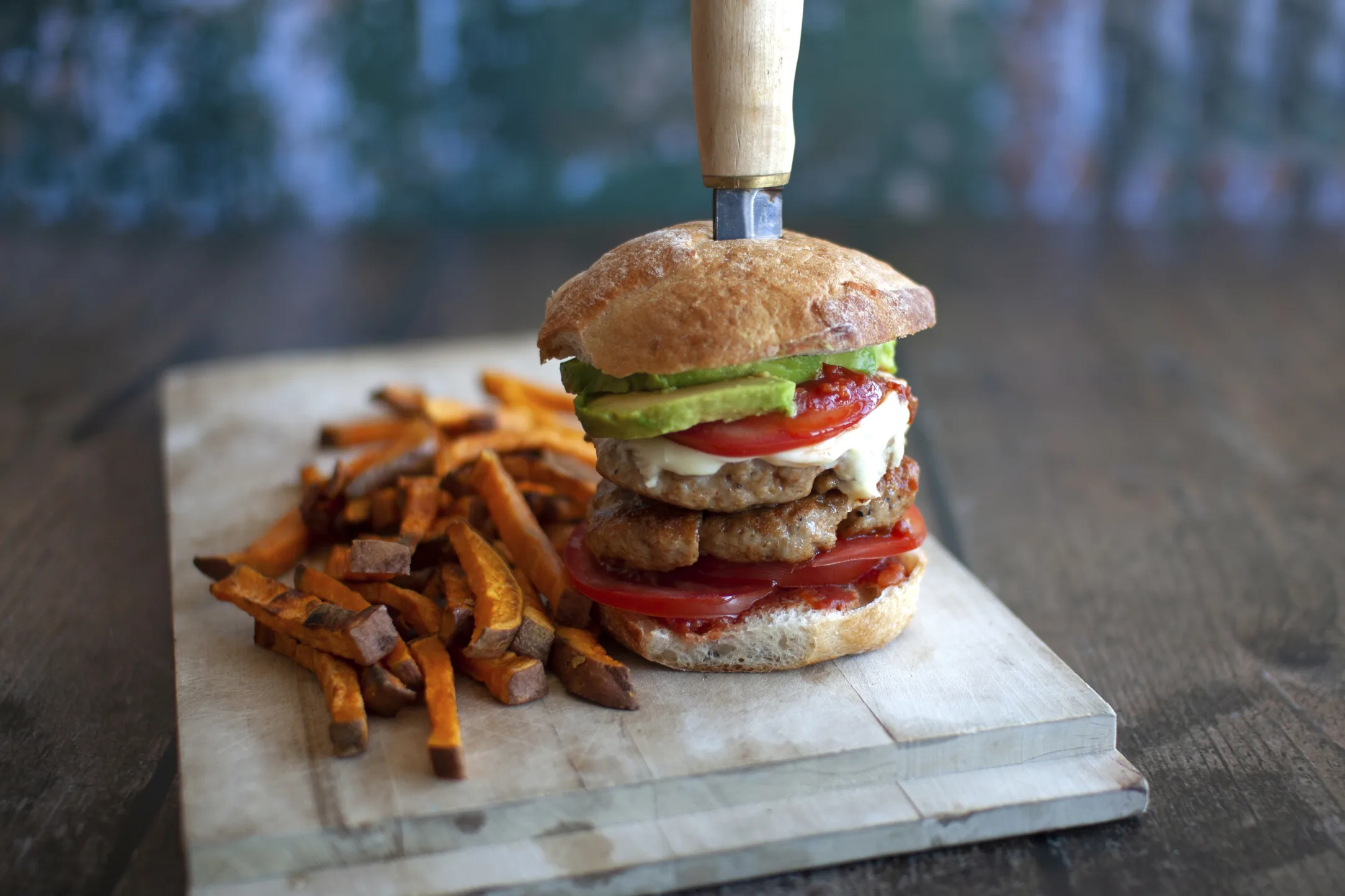Mexican Chicken Cheese Burger with Sweet Potato Fries