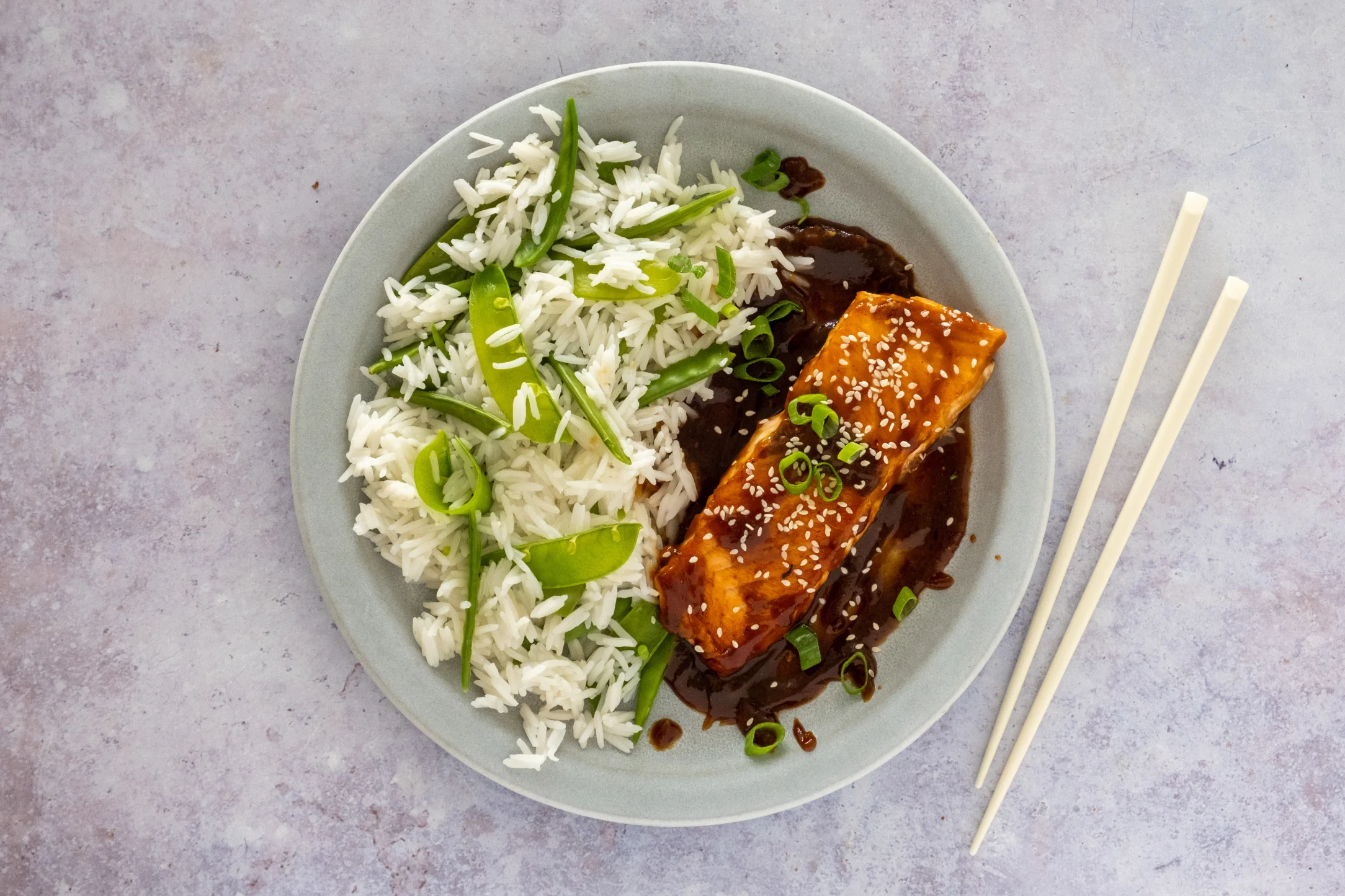 Salmon Teriyaki with Snow Pea Jasmine Rice