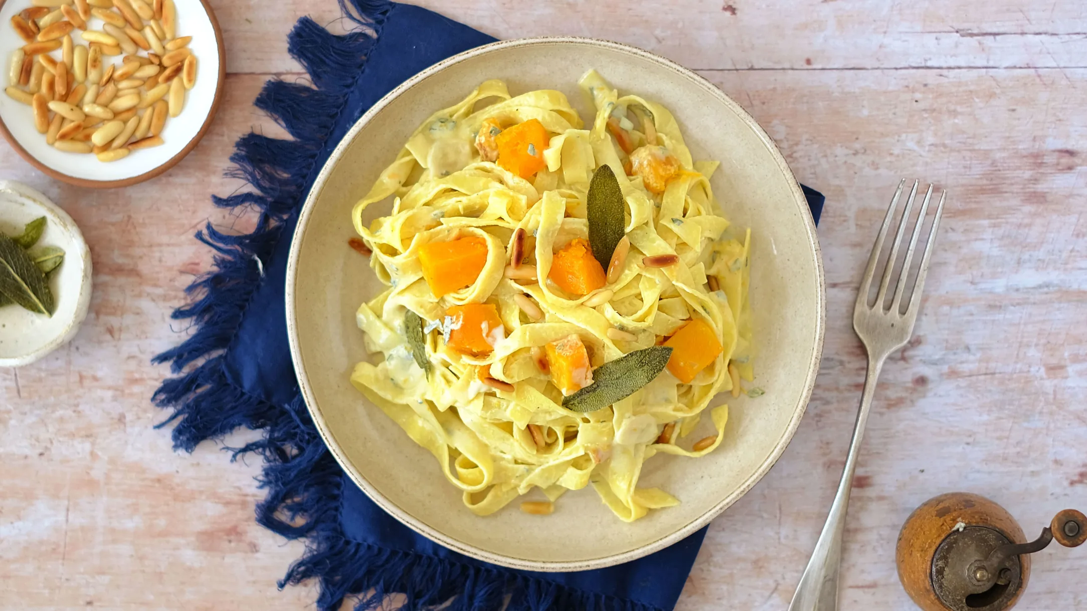 Creamy Fettuccine with Squash, Blue Cheese and Pine Nuts