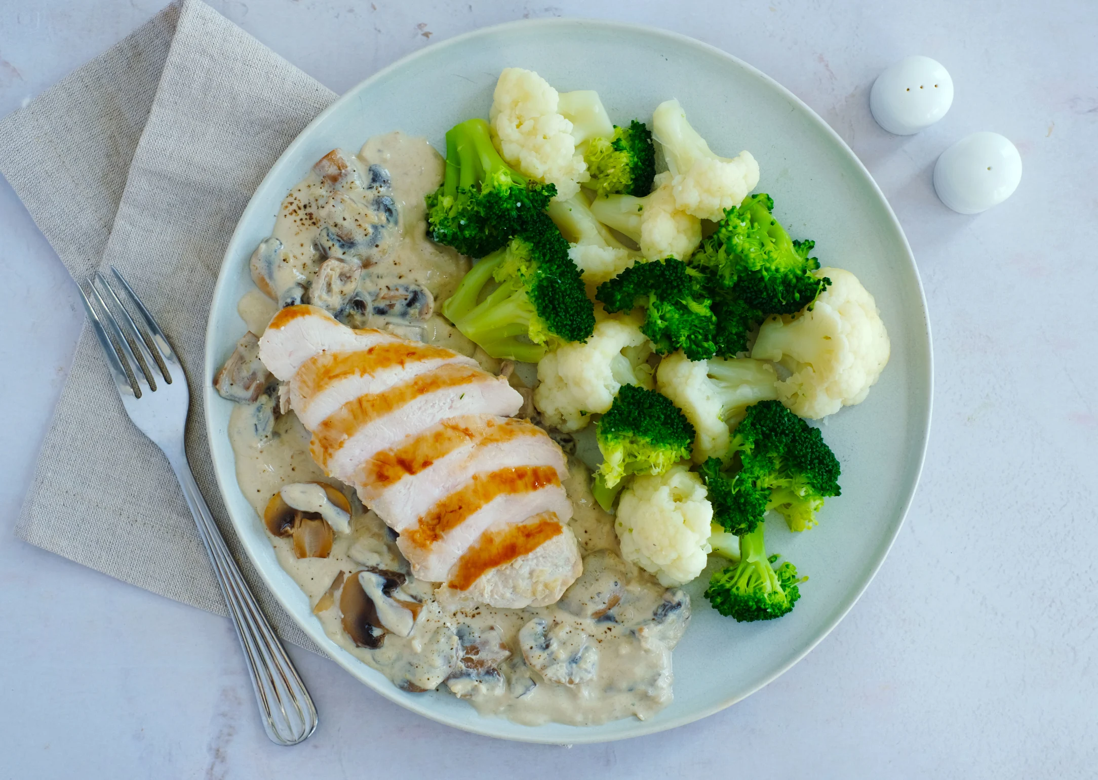Chicken in Creamy Garlic Mushroom Sauce with Broccoli and Cauliflower